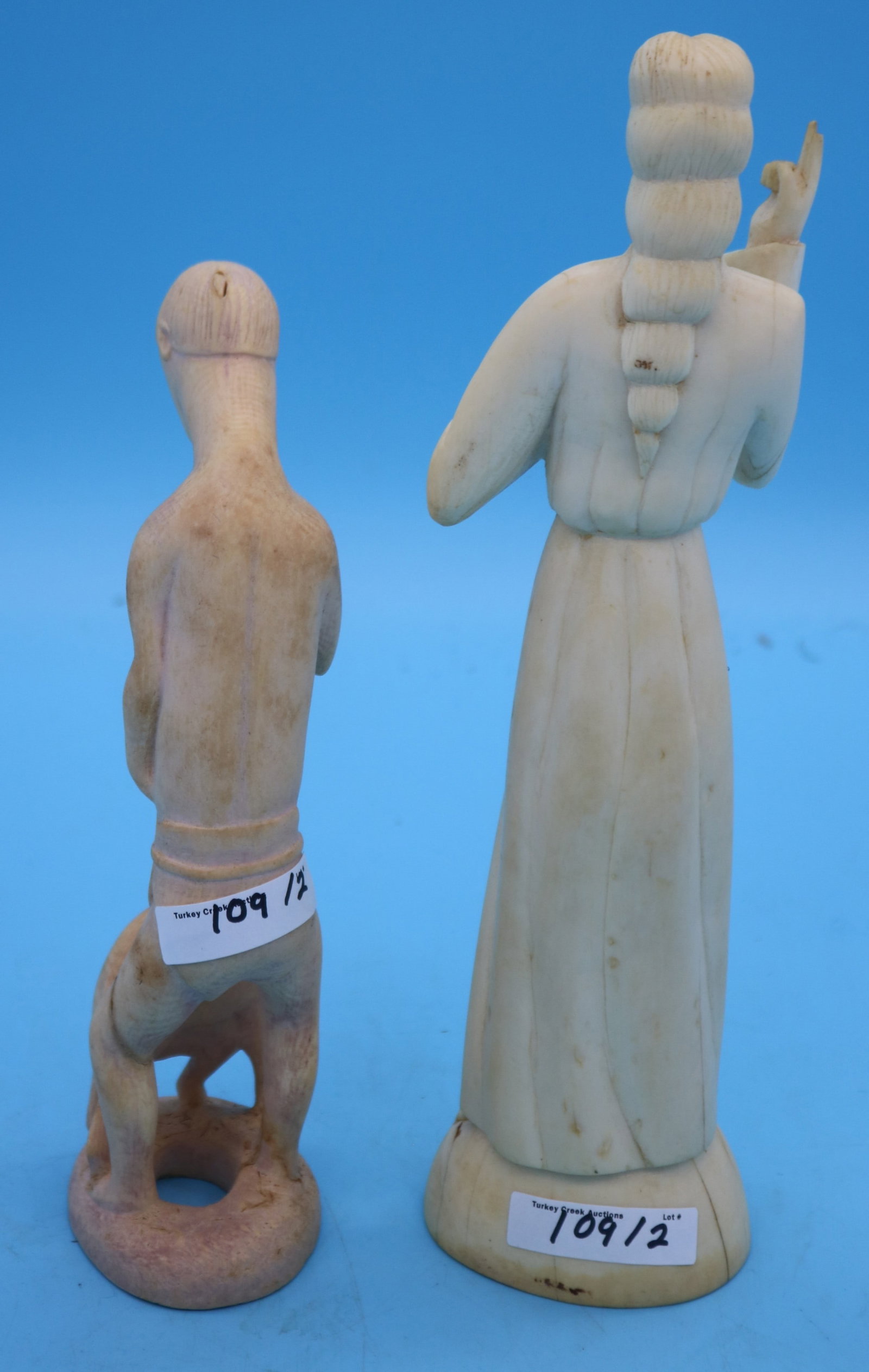 2 CARVED BONE FIGURES, JESUS & PRIMITIVE MAN WITH - 2
