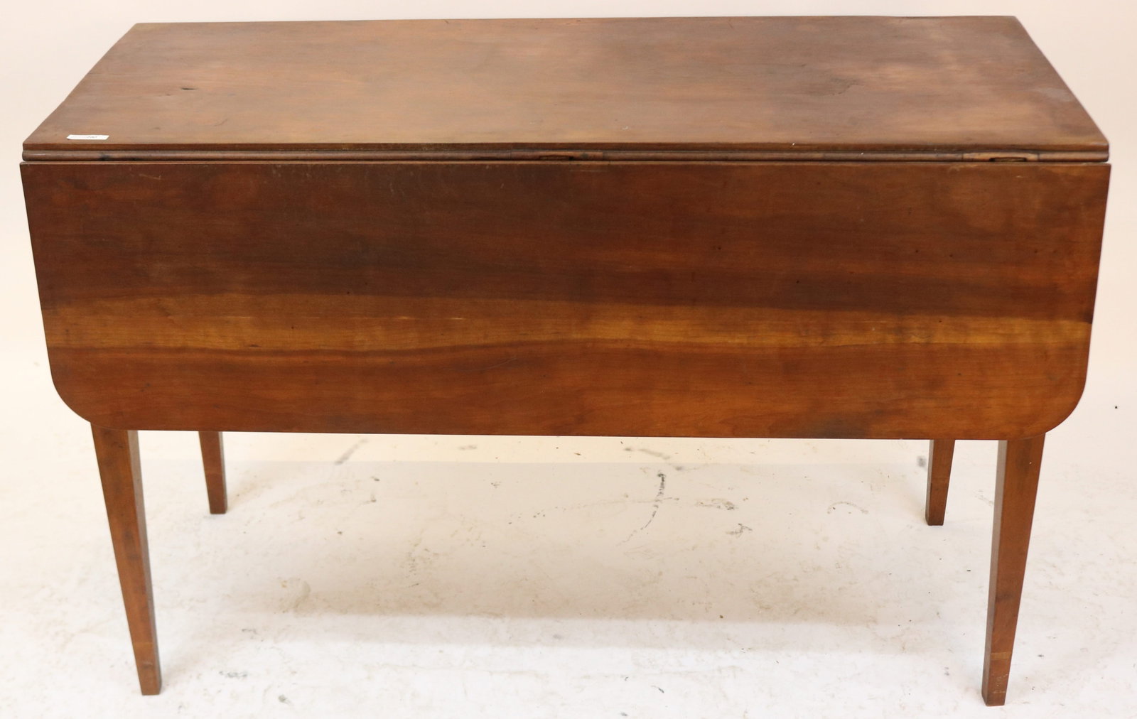19TH C. CHERRY DROP LEAF TABLE, INLAID OVALS,: BANDED LEGS, OLD REFINISHED CONDITION, POSSIBLY SOUTHERN, 30 1/2" H, 46 1/4" W, 19" D, 12 3/4" DROP LEAVES, 1 DRAWER