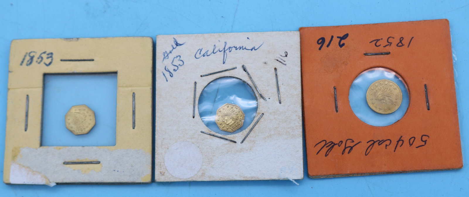 LOT 3 CALIFORNIA GOLD COINS, 1852 1/2, 1853, NOT: TESTED OR AUTHENTICATED