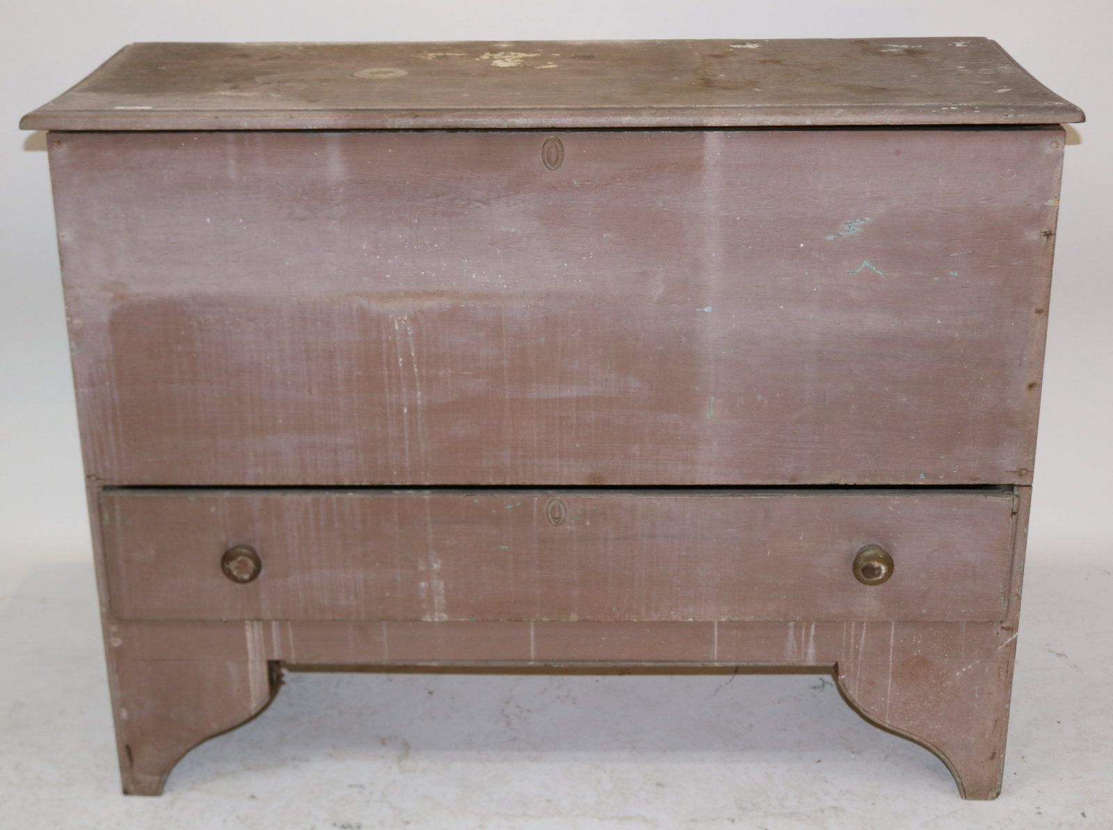 LARGE EARLY 19TH C. 1 DRAWER BLANKET CHEST, OLD: GRAY OVER BLUE PAINTED SURFACE, CUTOUT ENDS, ATTIC FIND, MINOR DAMAGE, 38" H, 50" W, 19 1/2" D