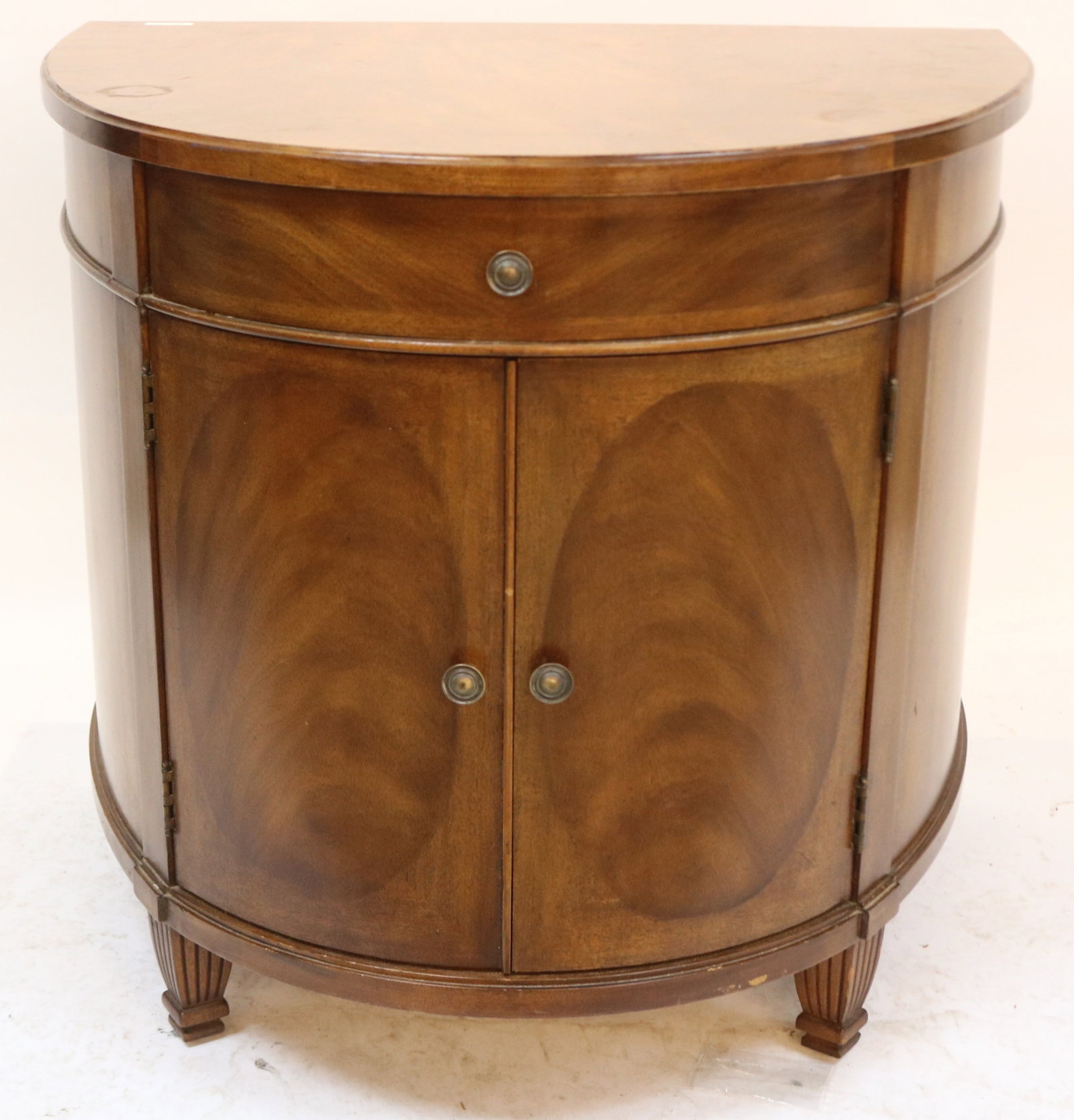 CUSTOM MAHOGANY D SHAPED CONSOLE SERVER, MADE BY: HERITAGE, BURL DOORS, 31 1/4" H, 34" W, 26" D, ORIGINAL FINISH, MINOR ROUGHAGE
