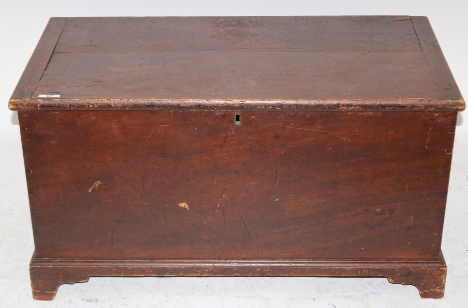 19TH C. LIFT TOP GRAIN PAINTED BLANKET BOX,: BRACKET BASE, STRAP HINGES, DOVETAILED CONSTRUCTION, 20 1/2" H, 37 1/2" W, 19 1/4" D