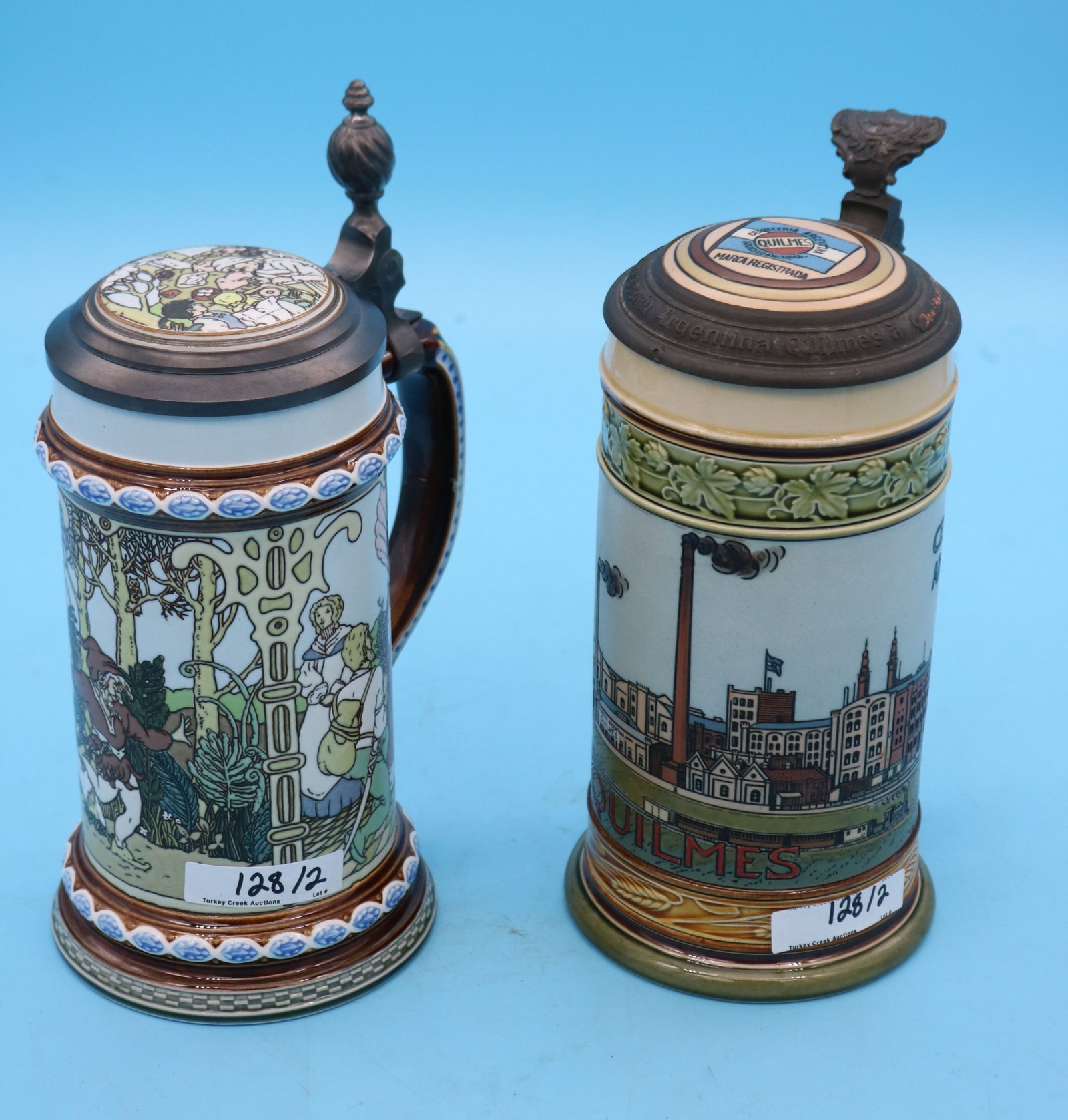 2 METTLACH STEINS, INCISED HANSEL & GRETEL: BROTHERS GRIMM, ETC. #2902 & ARGENTINA #2900, 8 1/4" - 9" H