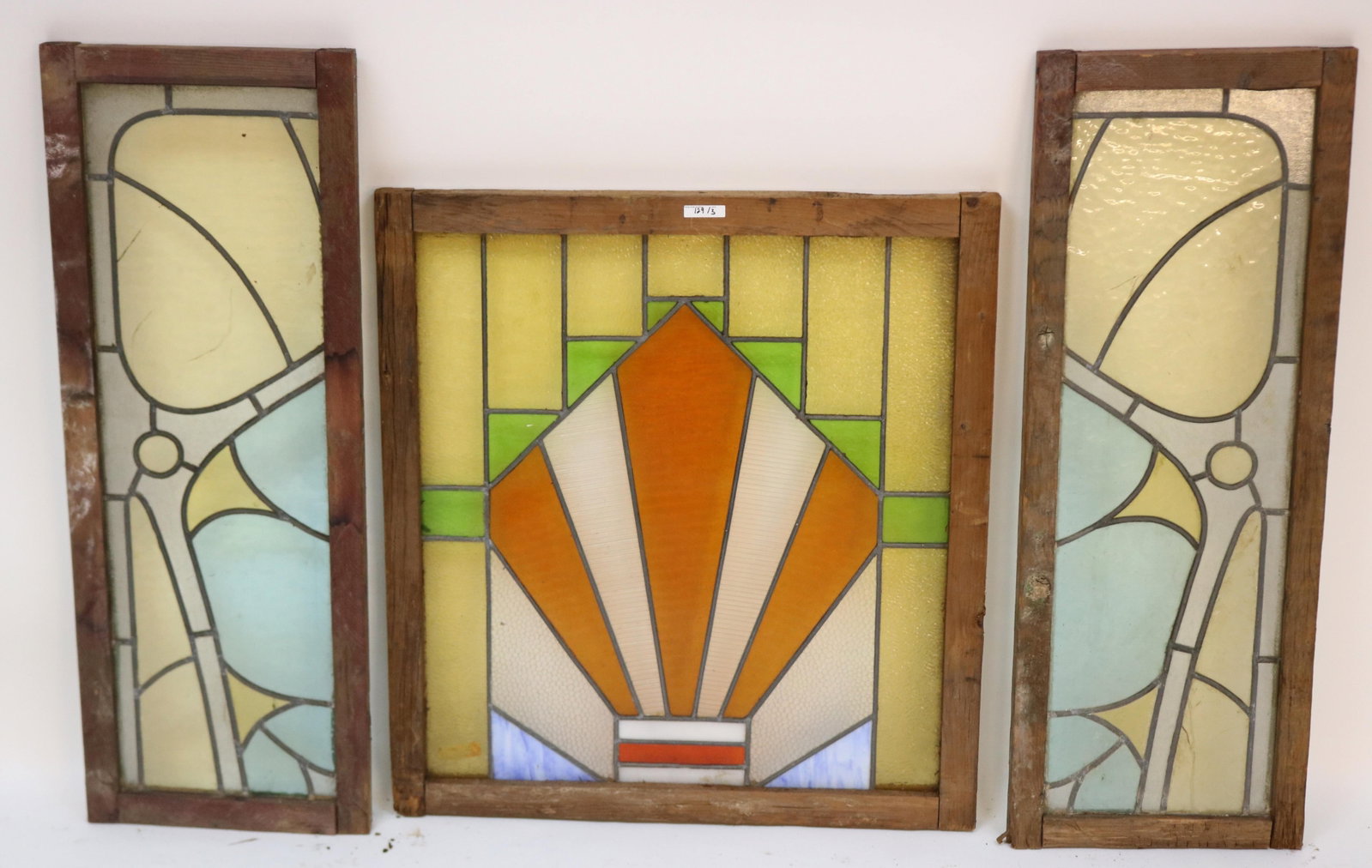 3 ART DECO LEAD GLASS WINDOWS, PAIR 35 1/2" X: 13", BOTH SHOW CRACK, OTHER 29" X 26 1/2"