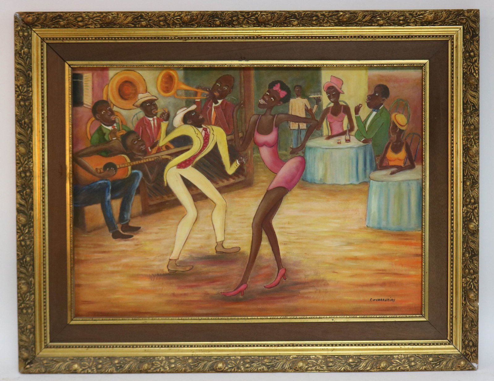 AFTER MIGUEL COVARRUBIAS, 1904-1957 MEXICO, OIL: ON PANEL, JAZZ NIGHT OUT, ORNATE GILT FRAME, 21 1/2" 29 1/2" SIGHT, 27 1/2" X 35 1/4" OVERALL, SOLD AS COPY