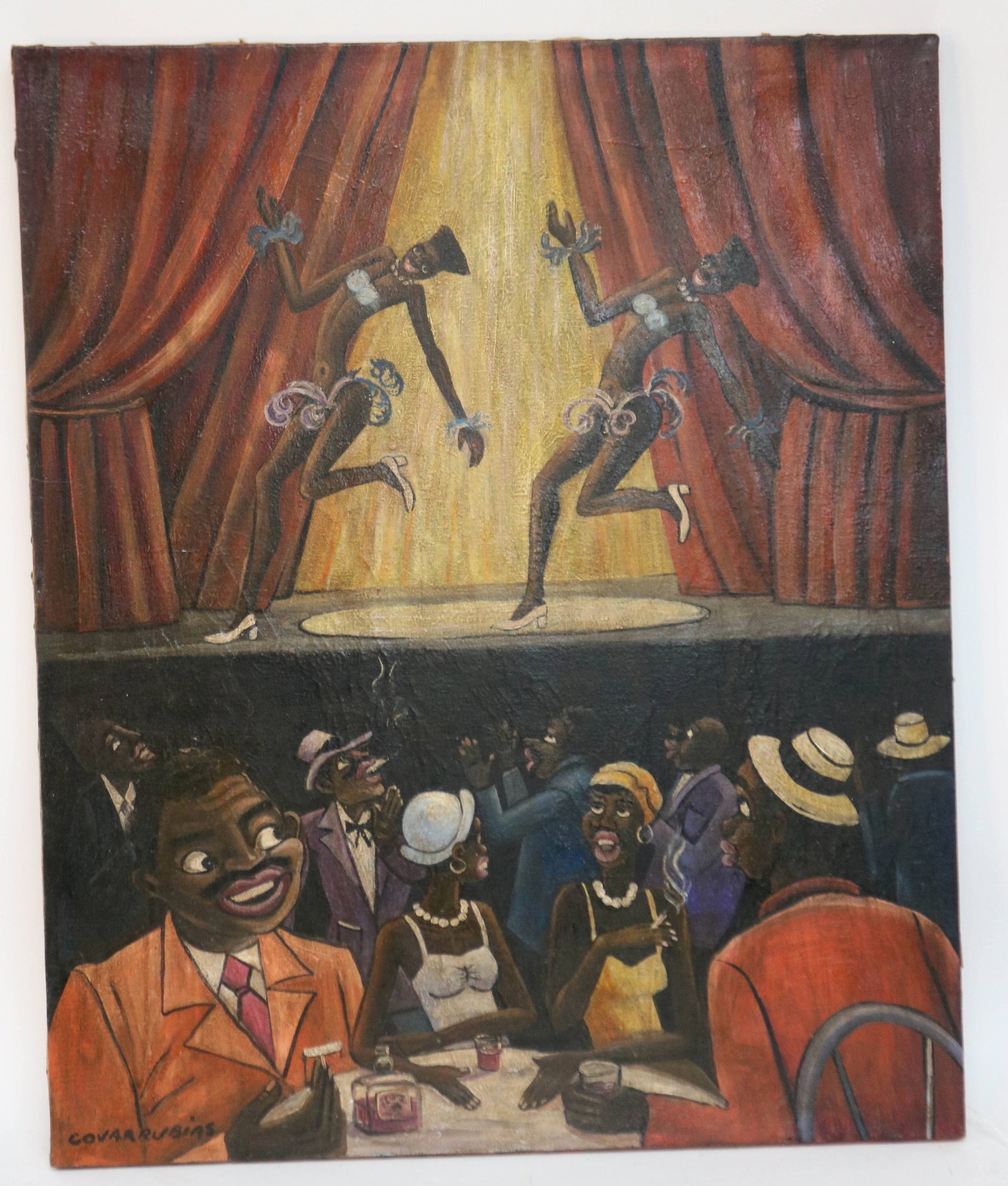 AFTER MIGUEL COVARRUBIAS, 1904-1957 MEXICO, OIL: ON CANVAS, JAZZ DANCERS, UNFRAMED, 27 1/4" X 22 1/2", SOLD AS COPY