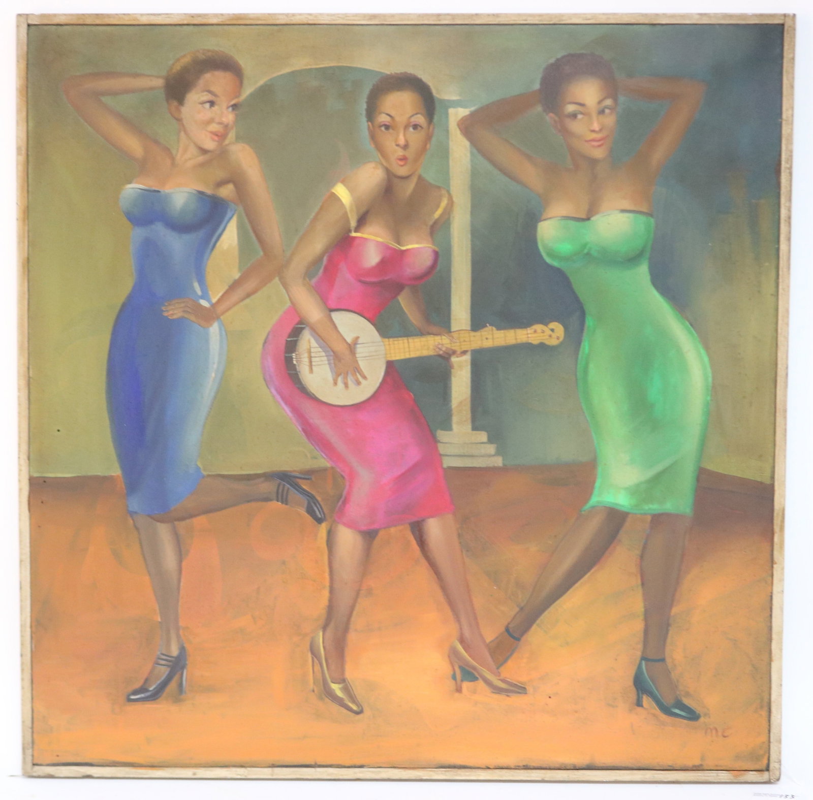 AFTER MIGUEL COVARRUBIAS, 1904-1957 MEXICO, OIL: ON CANVAS, 3 FEMALE PERFORMERS, SIMPLE WOOD FRAME, 24" X 24" OVERALL, SOLD AS COPY INITIALED