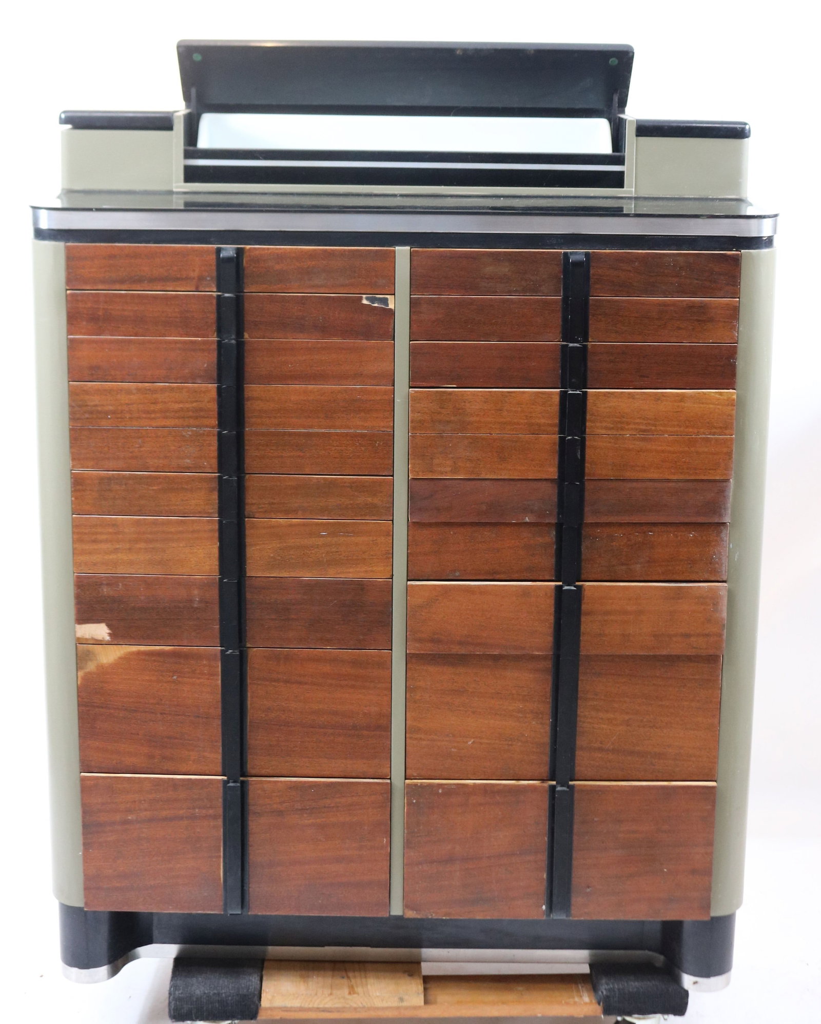 ART DECO MULTI DRAWER DENTAL CABINET, CHROME: TRIME, ORIGINAL FINISH ,SOME VENEER LOSS, 50 1/4" H, 40" W, 16" D, METAL DRAWERS, SOME WITH MILK GLASS INSERTS