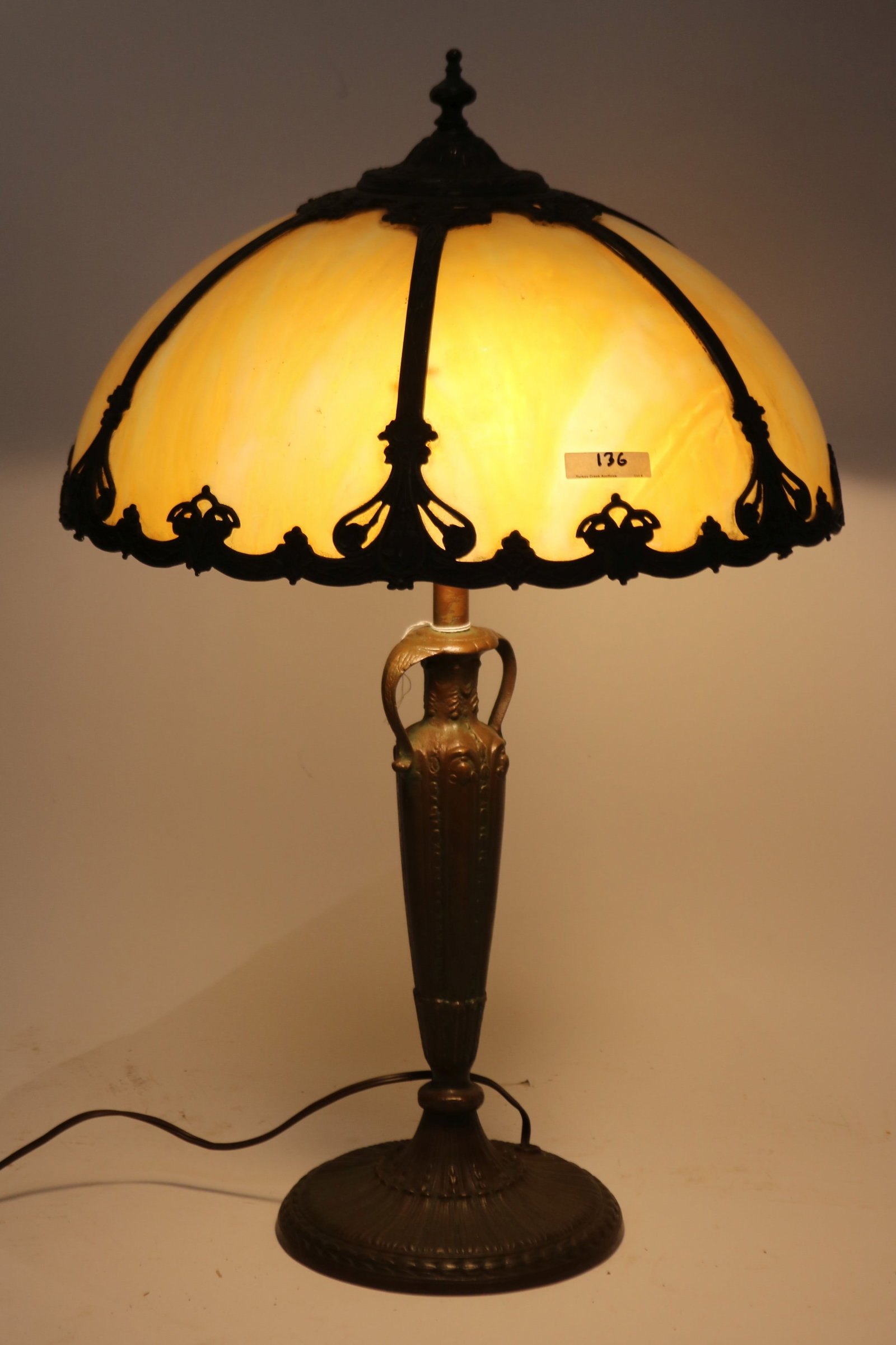 CARMEL SLAG BENT PANEL LAMP, EXCELLENT CONDITION,: 25" H, 16" DIA.