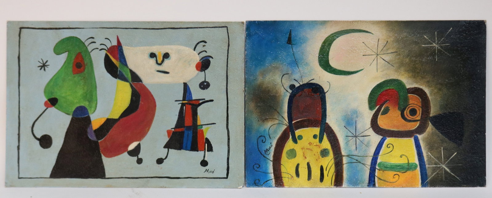 AFTER JOAN MIRO, 1893-1983, SPAIN, 2 OIL ON BOARD: PAINTINGS, INFO ON VERSO, 14" X 19 1/2", UNFRAMED, SOLD AS COPIES