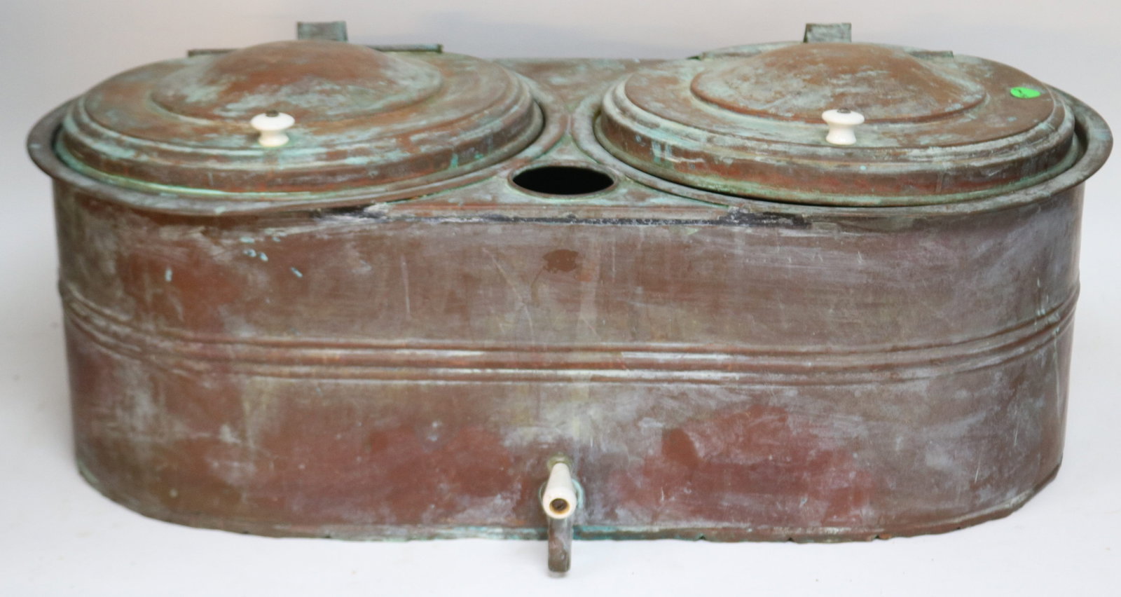 UNUSUAL COPPER DOUBLE BOILER WITH SPIGOT, 11 1/4": H, 28" W, 15 1/2" D