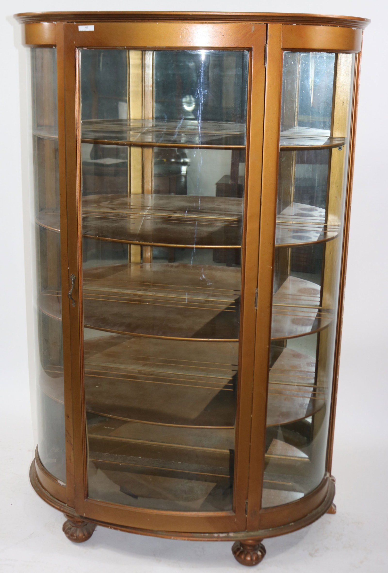 OAK CURVED GLASS CHINA CLOSET, GOLD PAINTED: SURFACE, MIRROR BACK, ROUND CARVED BALL FEET, 52 3/4" H, 41" W, 17 1/2" D