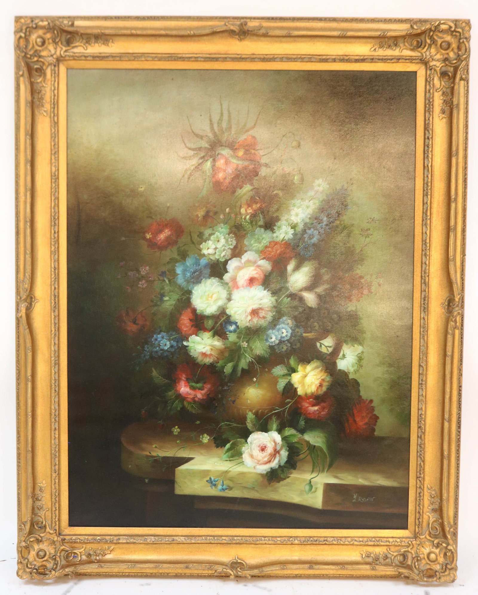 LARGE CONTEMPORARY OIL ON CANVAS, STILL IFE,: ORNATE GOLD FRAME, 48" X 36" SIGHT, 58" X 46 1/4" OVERALL