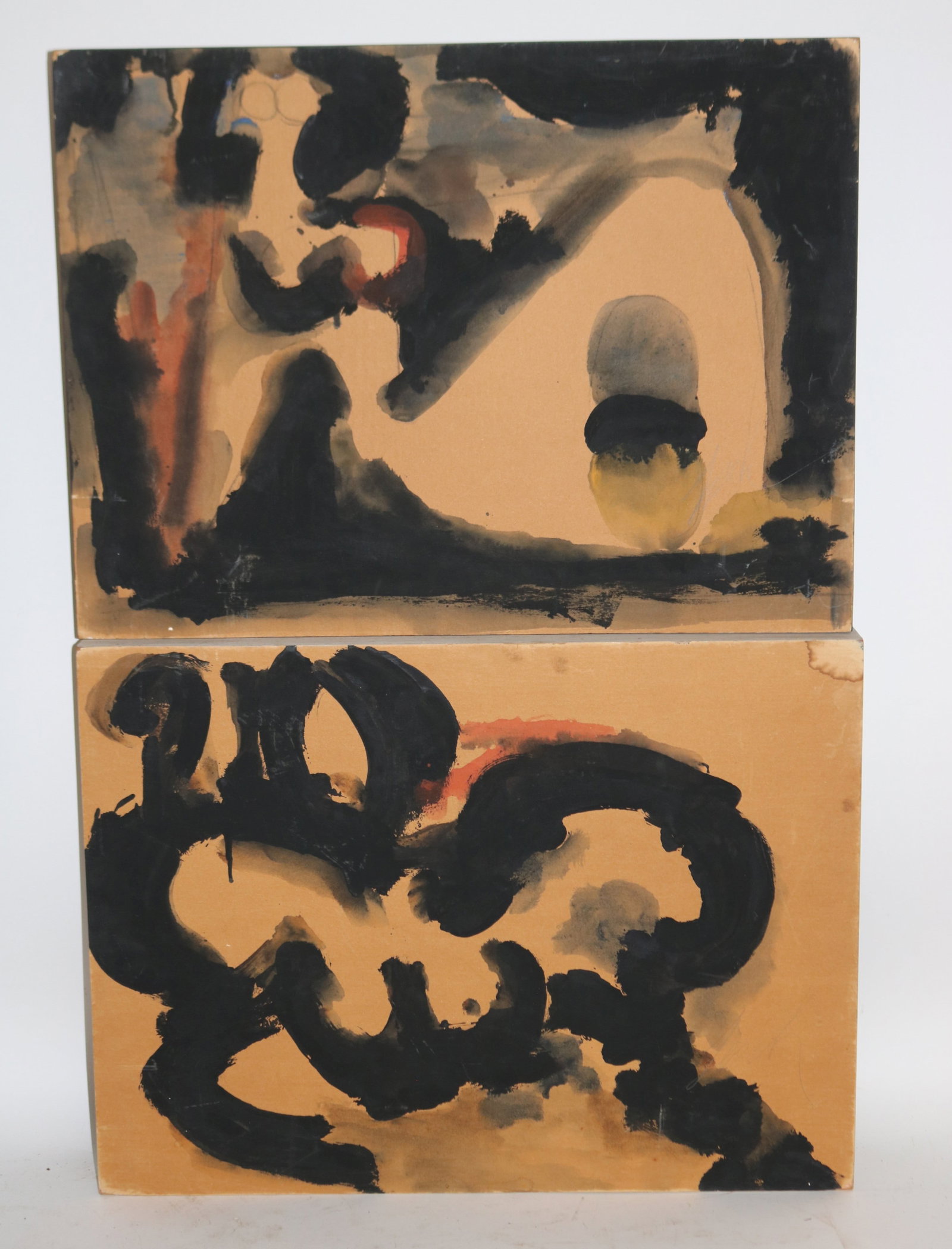 FRANCINE TURK, 20/21ST C. AMERICAN, 2 OIL ON: PLYWOOD ABSTRACT SCENES, 17 1/2" X 23 1/2", DEEP BOX FRAME, 2 1/4" X 3 1/4" D