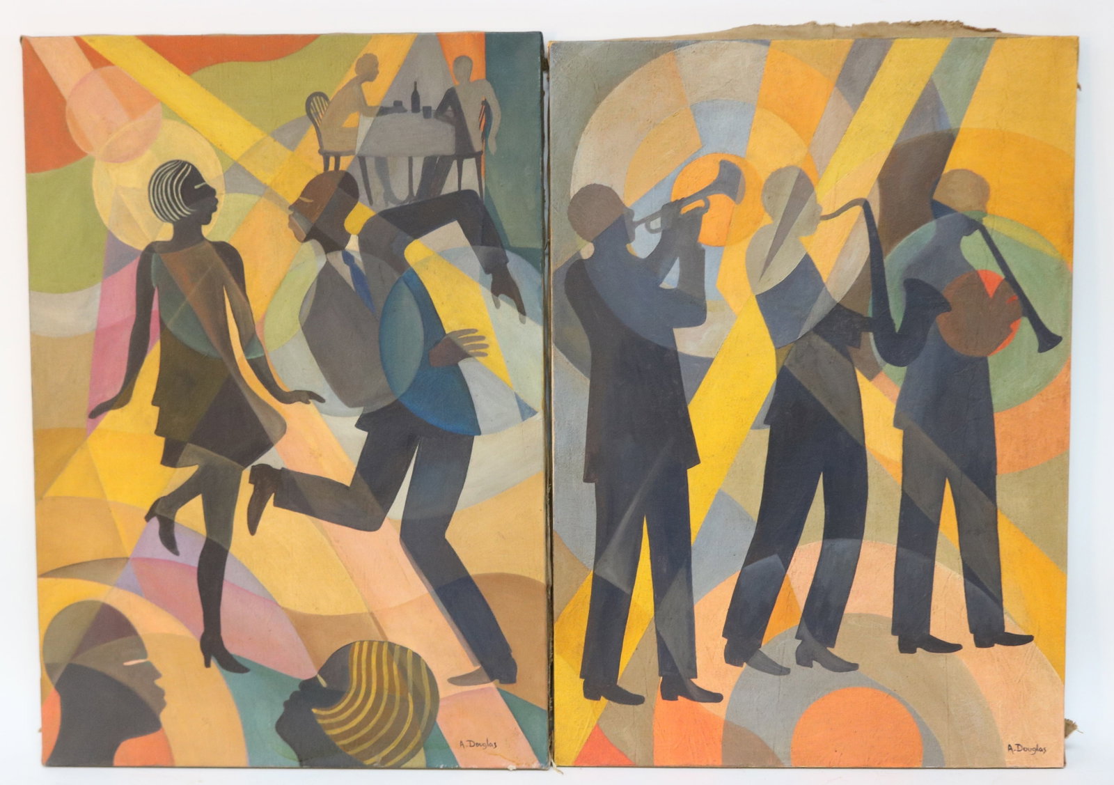 AFTER AARON DOUGLAS, 1899-1979, 2 OIL ON CANVAS: PAINTINGS, JAZZ SCENES, UNFRAMED, APPROX. 27 1/4" X 27 1/2", 19 1/8", SOLD AS COPIES