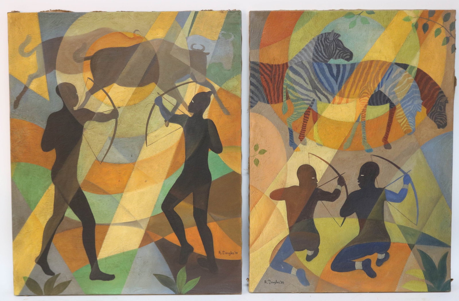 AFTER AARON DOUGLAS, 1899-1979, 2 OIL ON CANVAS: PAINTINGS, HUNTING SCENES, UNFRAMED, 27 1/2" X 19 3/4" - 22 1/2", SOLD AS COPIES