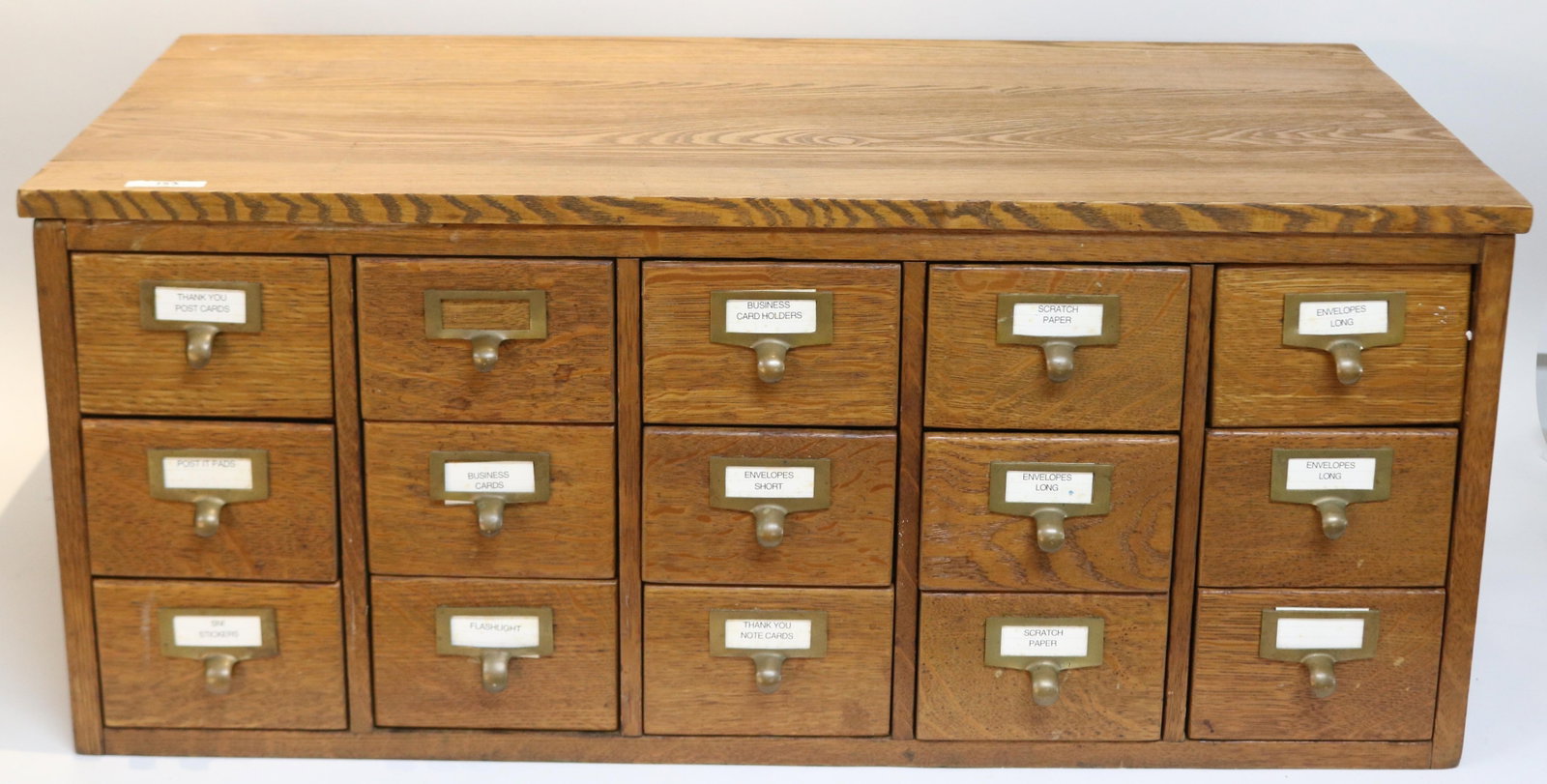 OAK 15 DRAWER FILE BOX, REFINISHED CONDITION,: LATER TOP, METAL DRAWERS, 14" H, 33 1/2" W, 17" D