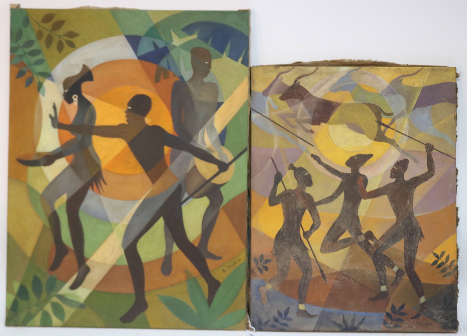 AFTER AARON DOUGLAS, 1899-1979, 2 OIL ON CANVAS,: DANCERS, 31 3/4" X 23 1/2", HUNTERS, 26" X 20", UNFRAMED, SOLD AS COPIES