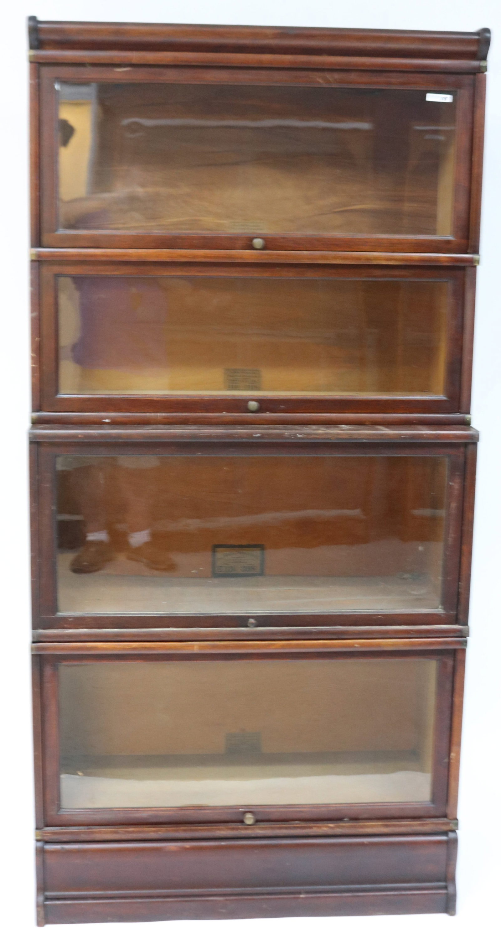 GLOBE WERNICKE 4 STACK BOOKCASE, MAHOGANY, STRAP: BACK, OLD FINISH, 69 1/2" H, 34" W, 15" D OVERALL