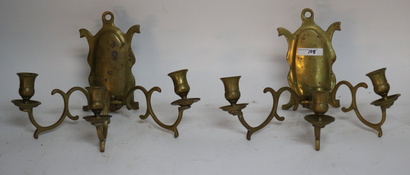 PAIR 19TH C. CAST BRASS 3 SOCKLE WALL SCONCES, 7 (1 of 1)