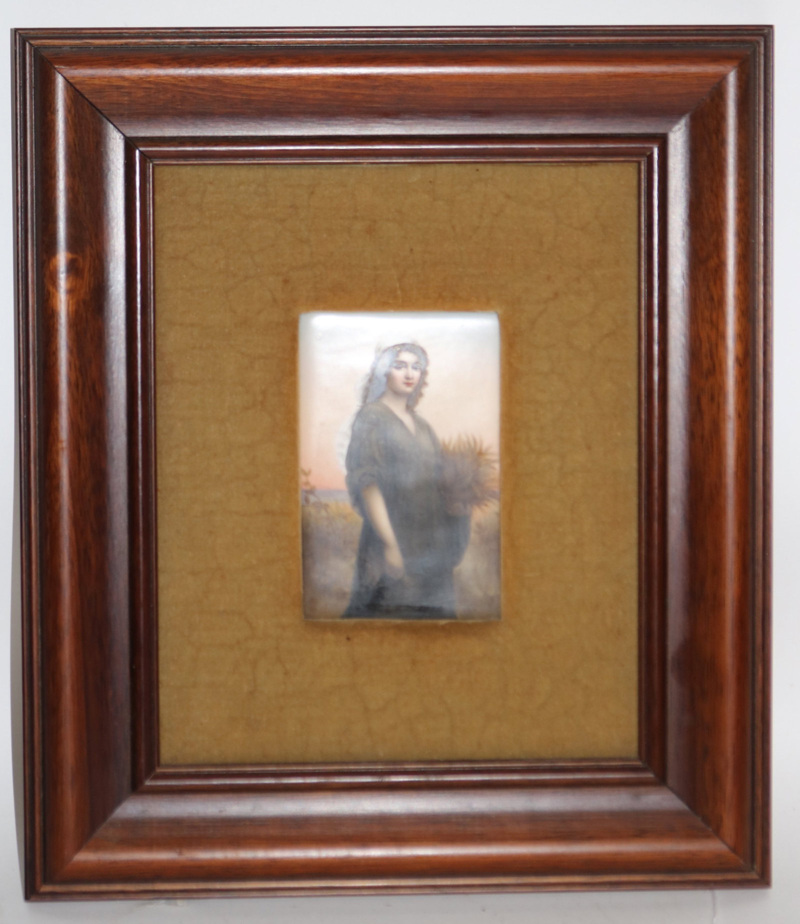 FRAMED PAINTING ON PORCELAIN, WOMAN WITH WHEAT, 5: 1/2" X 3 1/2" SIGHT, 15 1/2" X 13 1/4" OVERALL