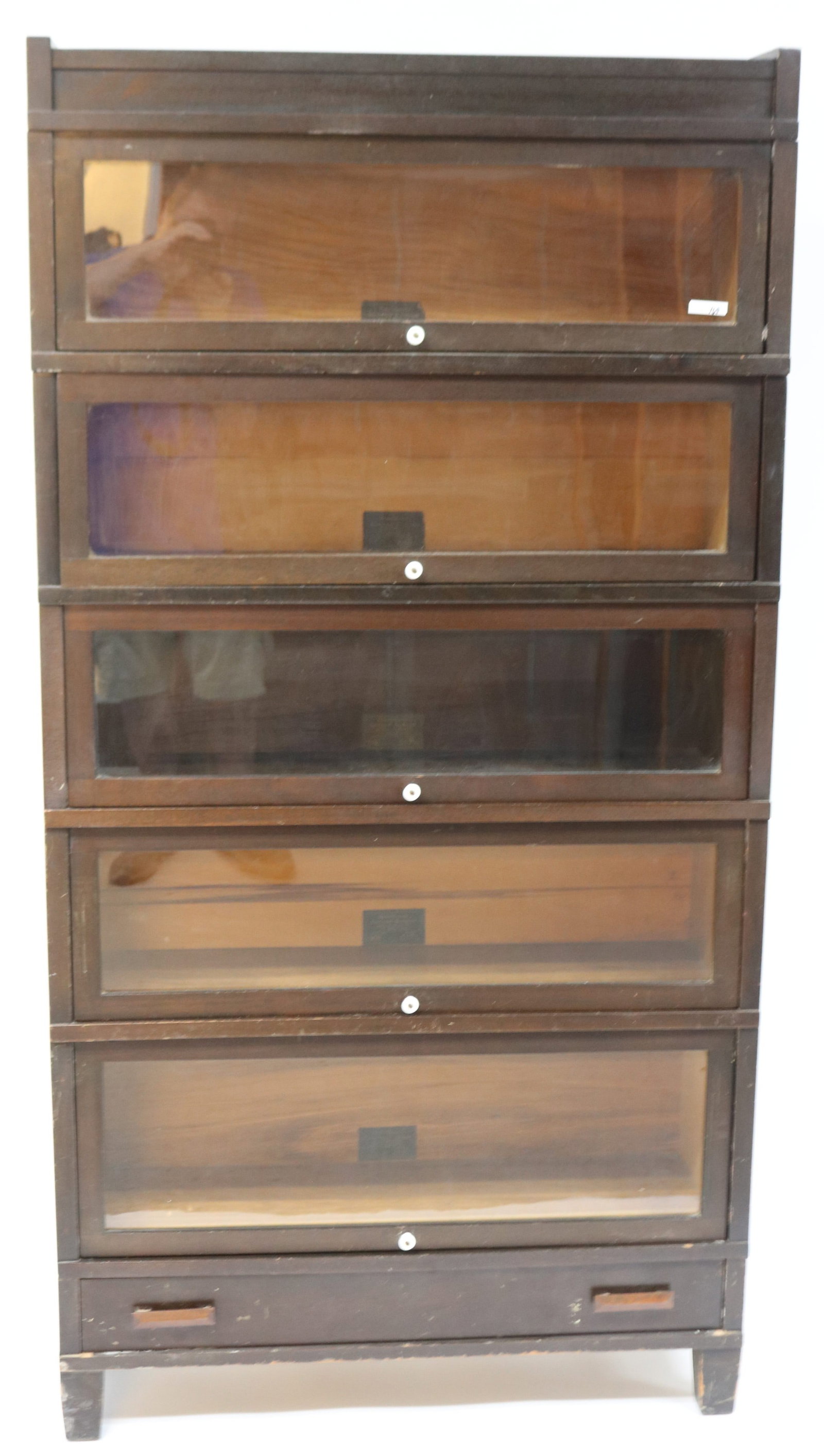 GLOBE WERNICKE MAHOGANY 5 STACK BOOKCASE WITH 1: DRAWER BASE, OLD FINISH, LATER PORCELAIN KNOBS, 67 1/2" H, 34 1/2" W, 11 1/4" D