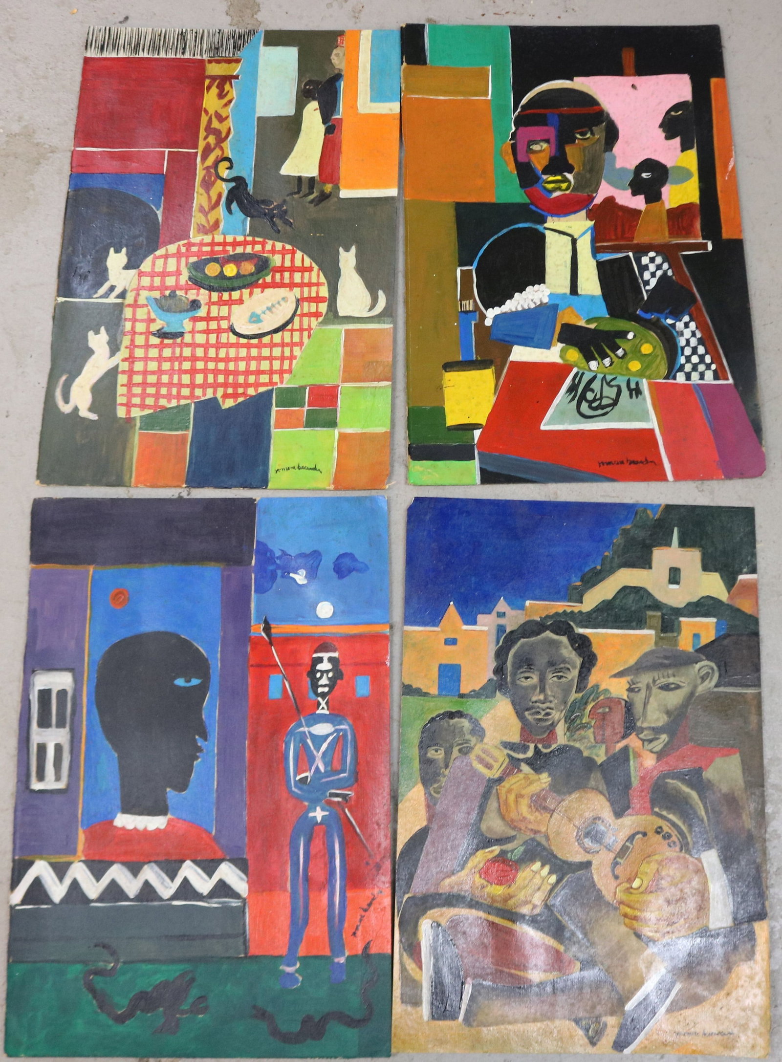 AFTER ROMARE HOWARD BEARDEN 1911-1988 NYC. 4 OIL: ON HEAVY PAPER PAINTINGS, VARIOUS SCENES, 19" X 12 3/4", SOLD AS COPIES