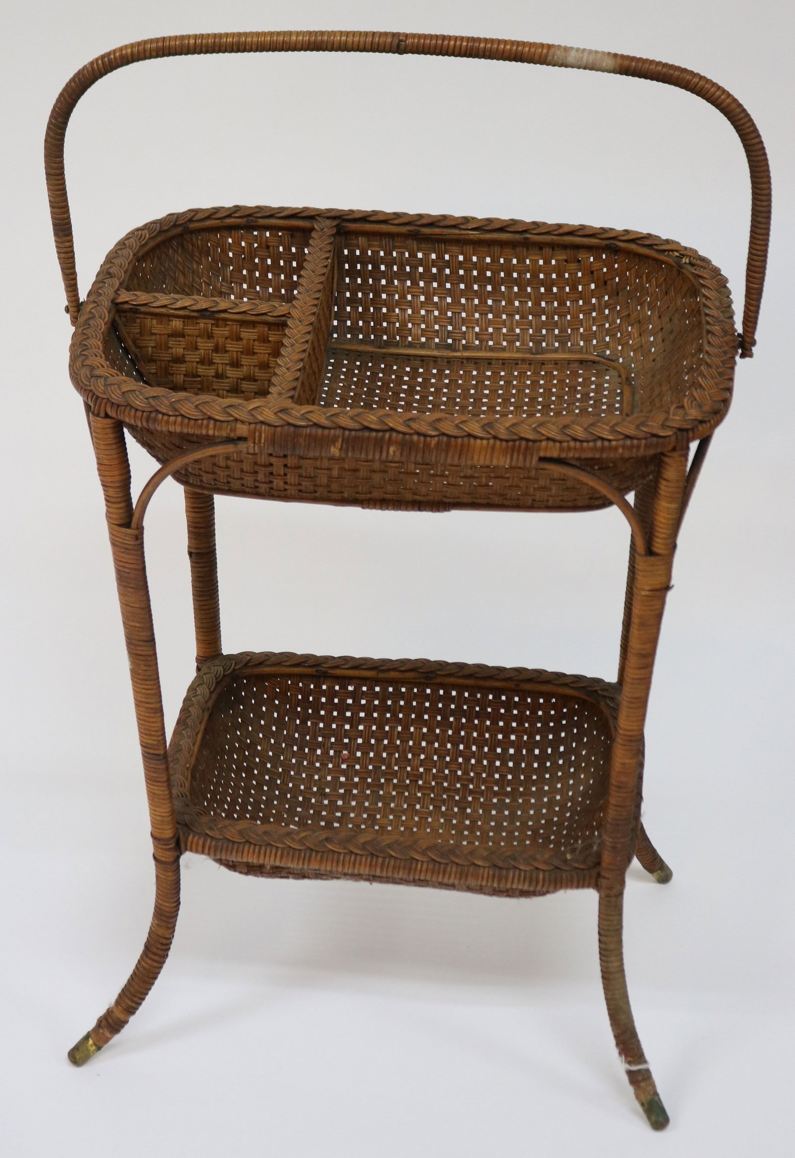 HAYWOOD BROTHERS WICKER SEWING STAND, SWING: HANDLE, ORIGINAL NATURAL FINISH, 31" TO TOP HANDLE, 19 1/2" W, 13 1/2" D