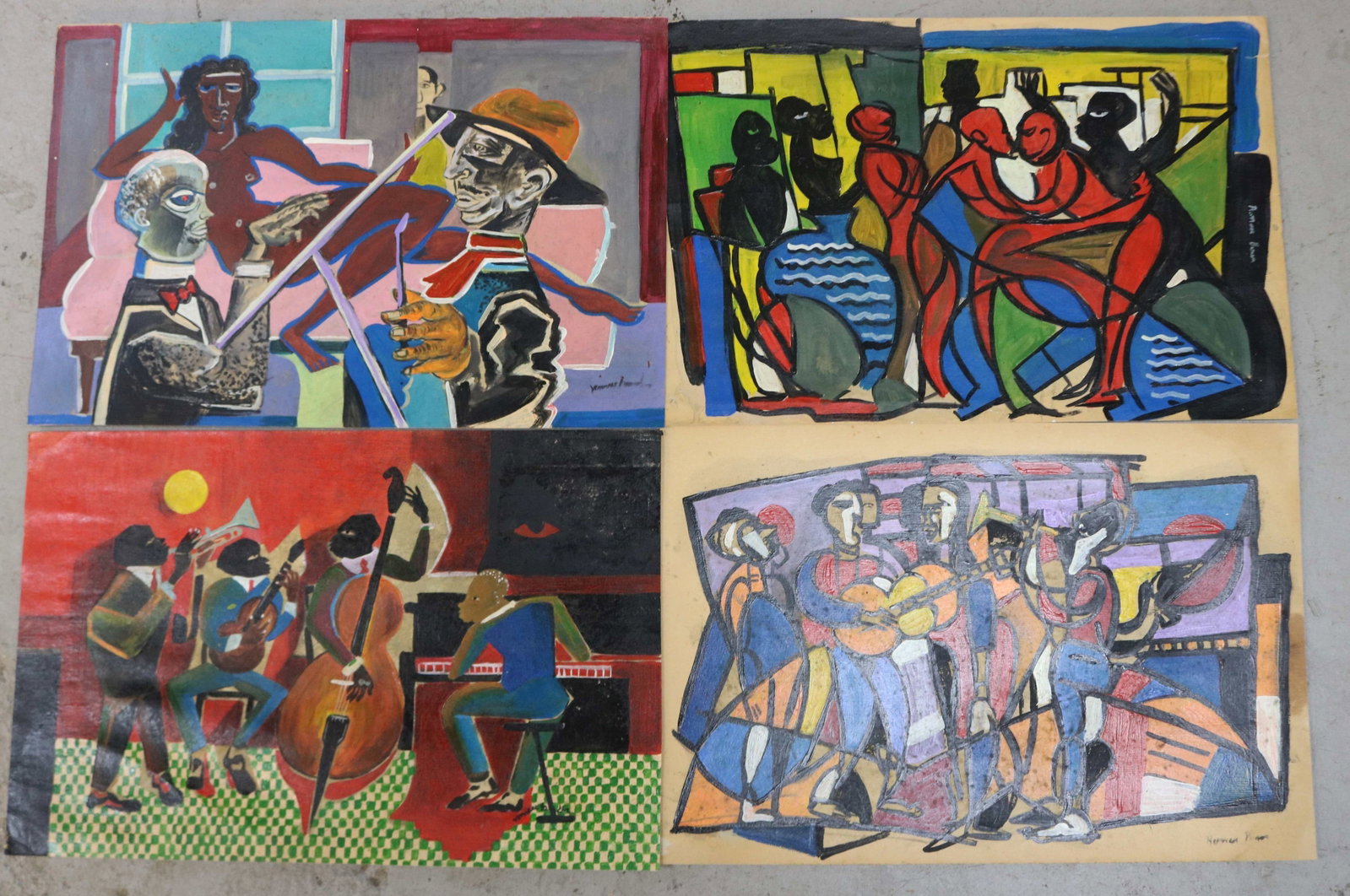 AFTER ROMARE HOWARD BEARDEN, 1911-1988, NYC. 4: OIL ON HEAVY PAPER, MUSIC & NIGHT LIFE SCENES, 12 1/2" H, 19" W, SOLD AS COPIES
