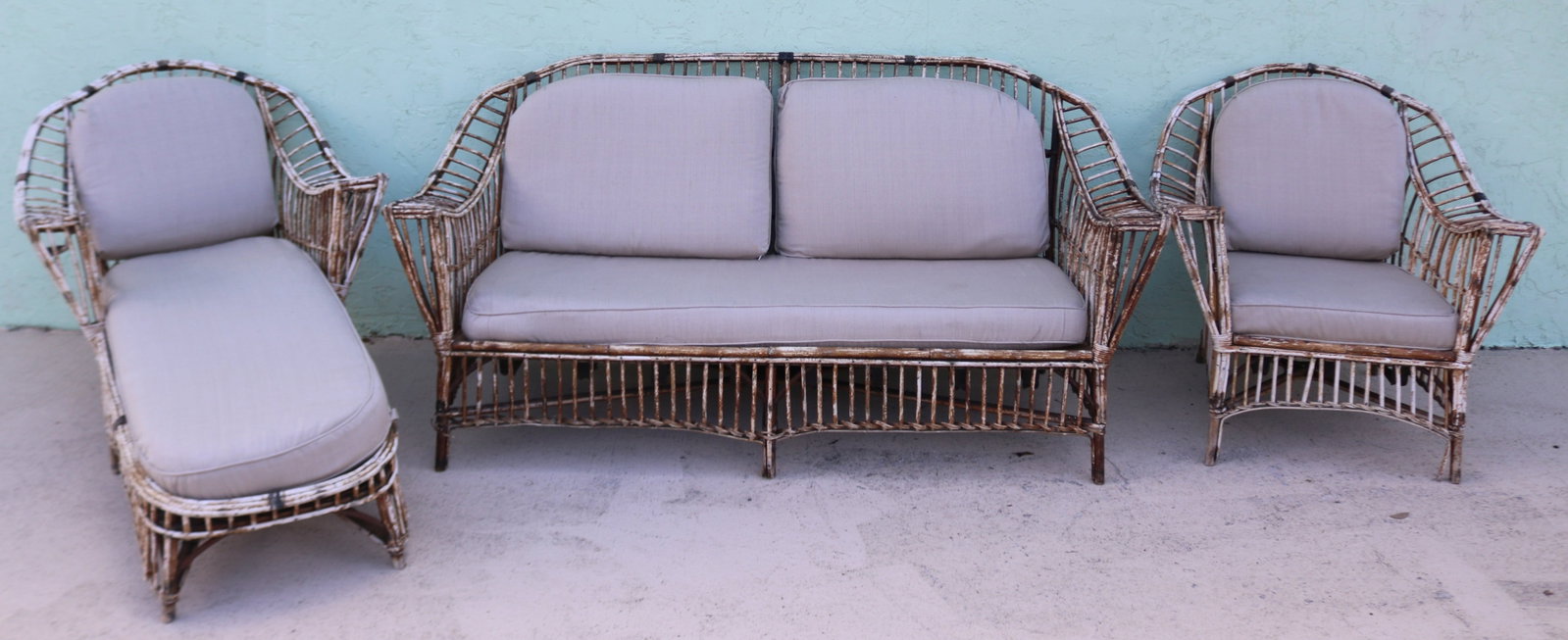 3 PCS RATTAN PORCH SET, SOFA 35 3/4" H, 72" W,: 29" D, CHAISE LOUNGE 34 3/4" H, 34" W, 25" D, MATCHING CUSHION ARM CHAIR, STRUCTURALLY STRONG, 34" H, 32 1/2" W, 60" L