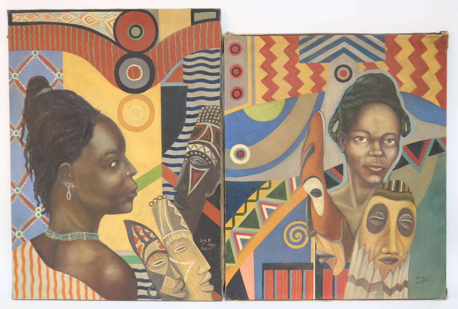 AFTER LOIS MAILOU JONES, 1905-1980, BOSTON, 2 OIL: ON CAVNAS PAINTINGS OF AFRICAN WOMEN, UNFRAMED, 26 3/4" X 19 1/2", 24 1/2" X 20 1/2", SOLD AS COPIES