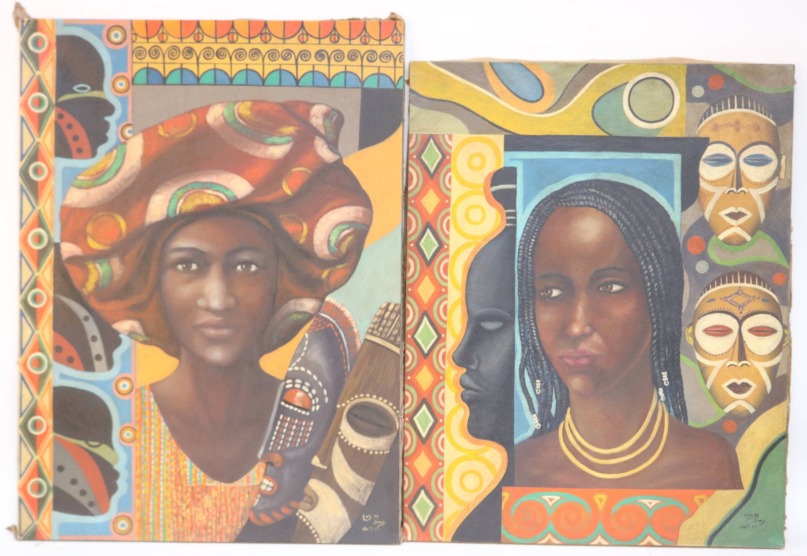 AFTER LOIS MAILOU JONES, 1905-1980, BOSTON, 2 OIL: ON CANVAS PAINTINGS, AFRICAN THEMED PORTRAITS, 27 1/2" - 29 3/4", 21 1/3" - 22", SOLD AS COPIES