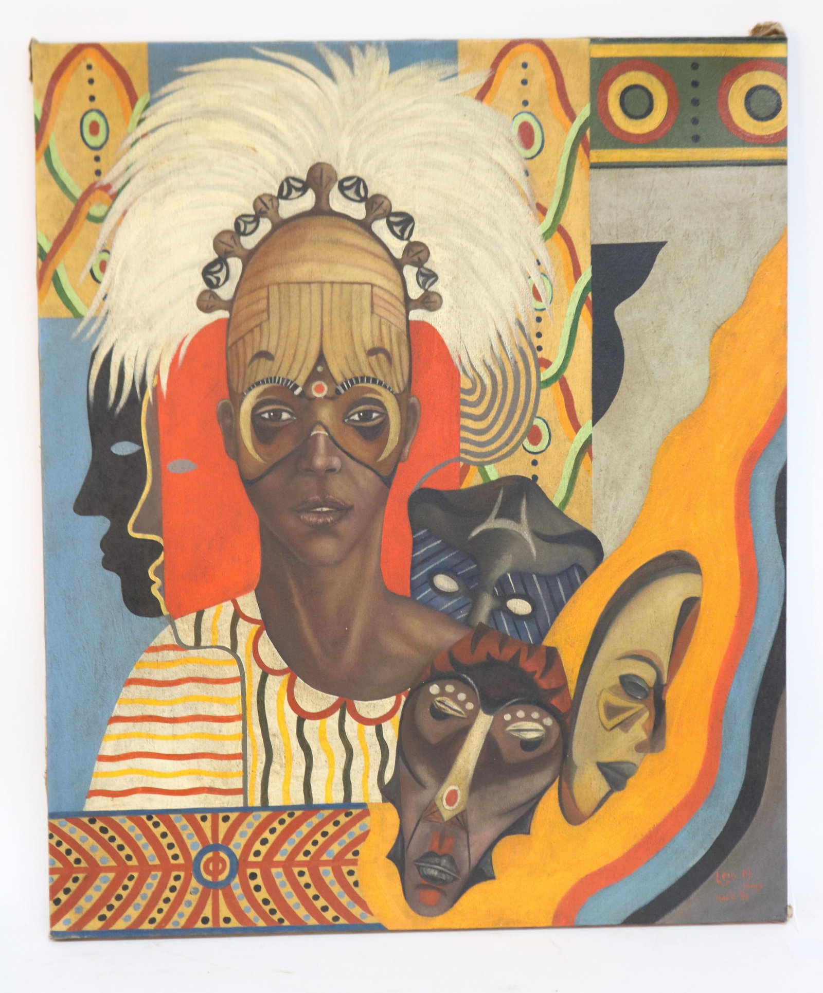 AFTER LOIS MAILOU JONES, 1905-1980, BOSTON, OIL: ON CANVAS, WOMAN WITH MASK, UNFRAMED, 27 1/4" X 23", SOLD AS COPY