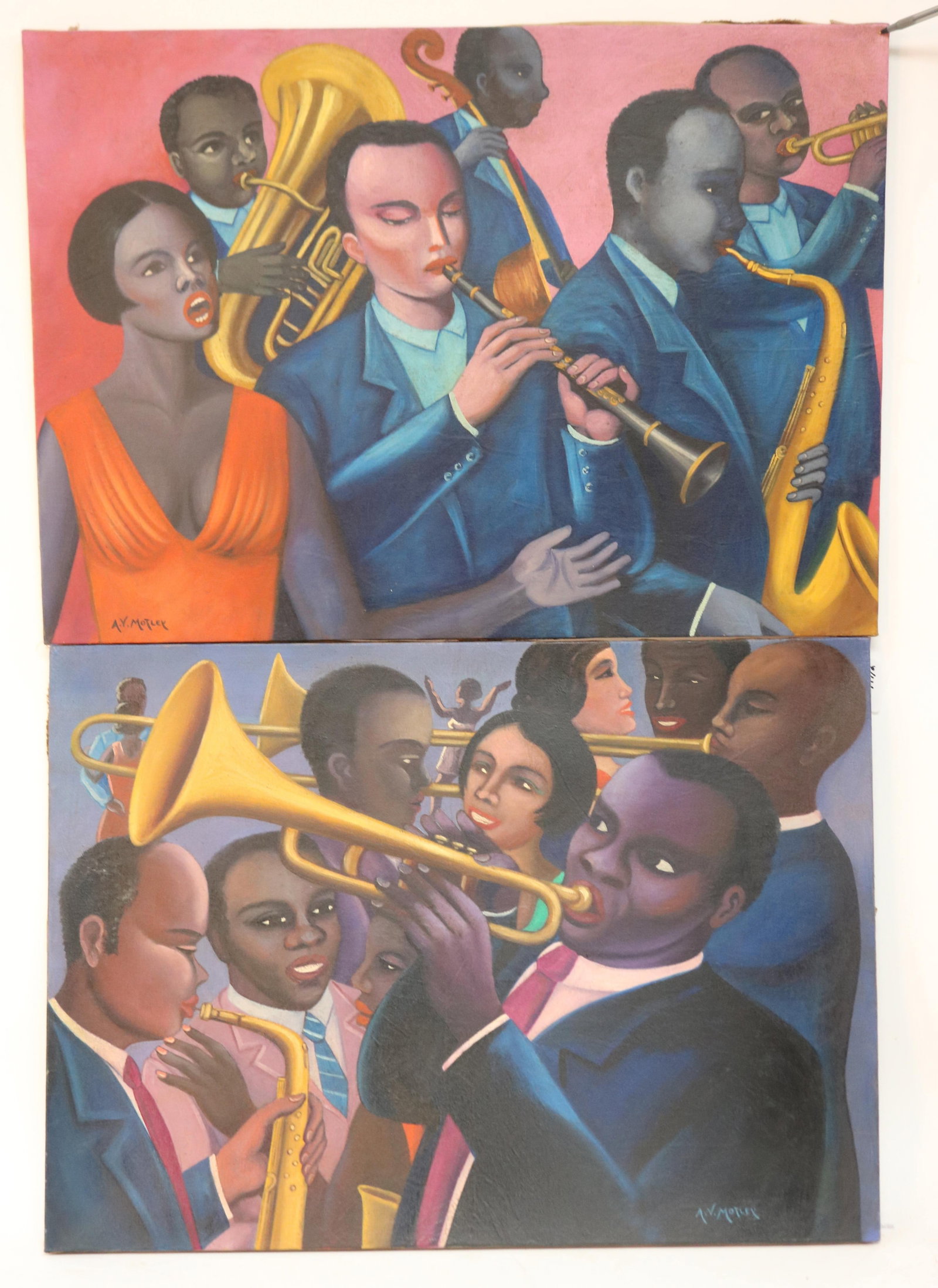 AFTER ARCHIBALD JOHN MOTLEY, 1891-1981, 2 OIL: CANVAS PAINTINGS, JAZZ MUSICIANS, UNFRAMED, 19 3/4" X 27 5/8", SOLD AS COPIES