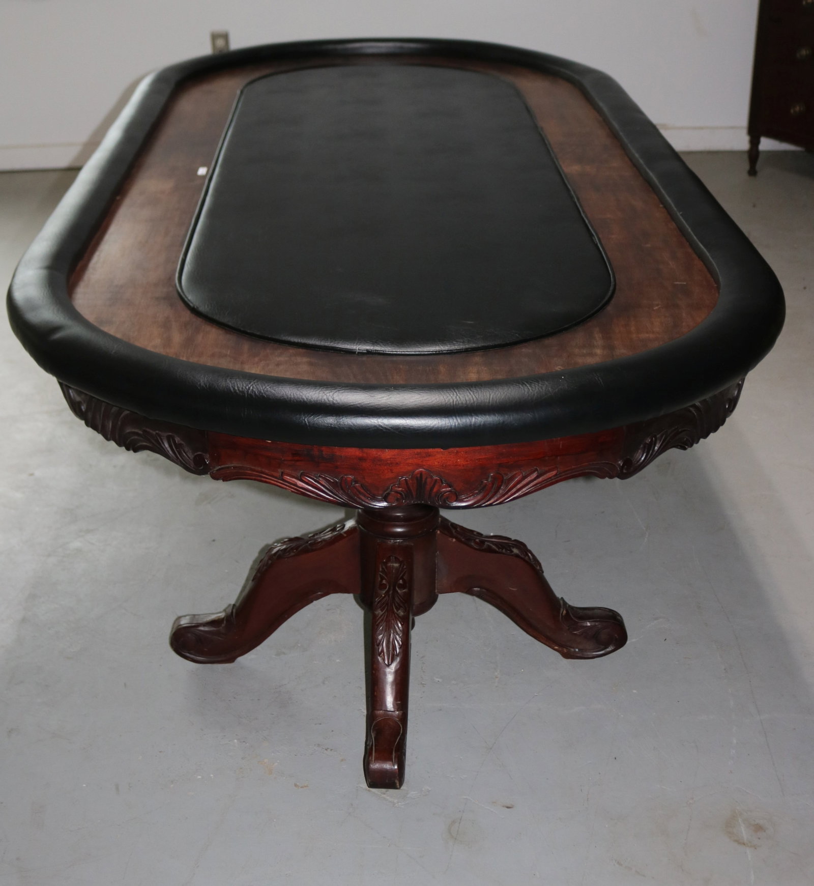 CONTEMPORARY CARVED MAHOGANY PEDESTAL TABLE,: FITTED FOR POKER TABLED, 31" H, 8' W, 43 1/2" D, GOOD OVERALL CONDITION, ORIGINAL FINISH