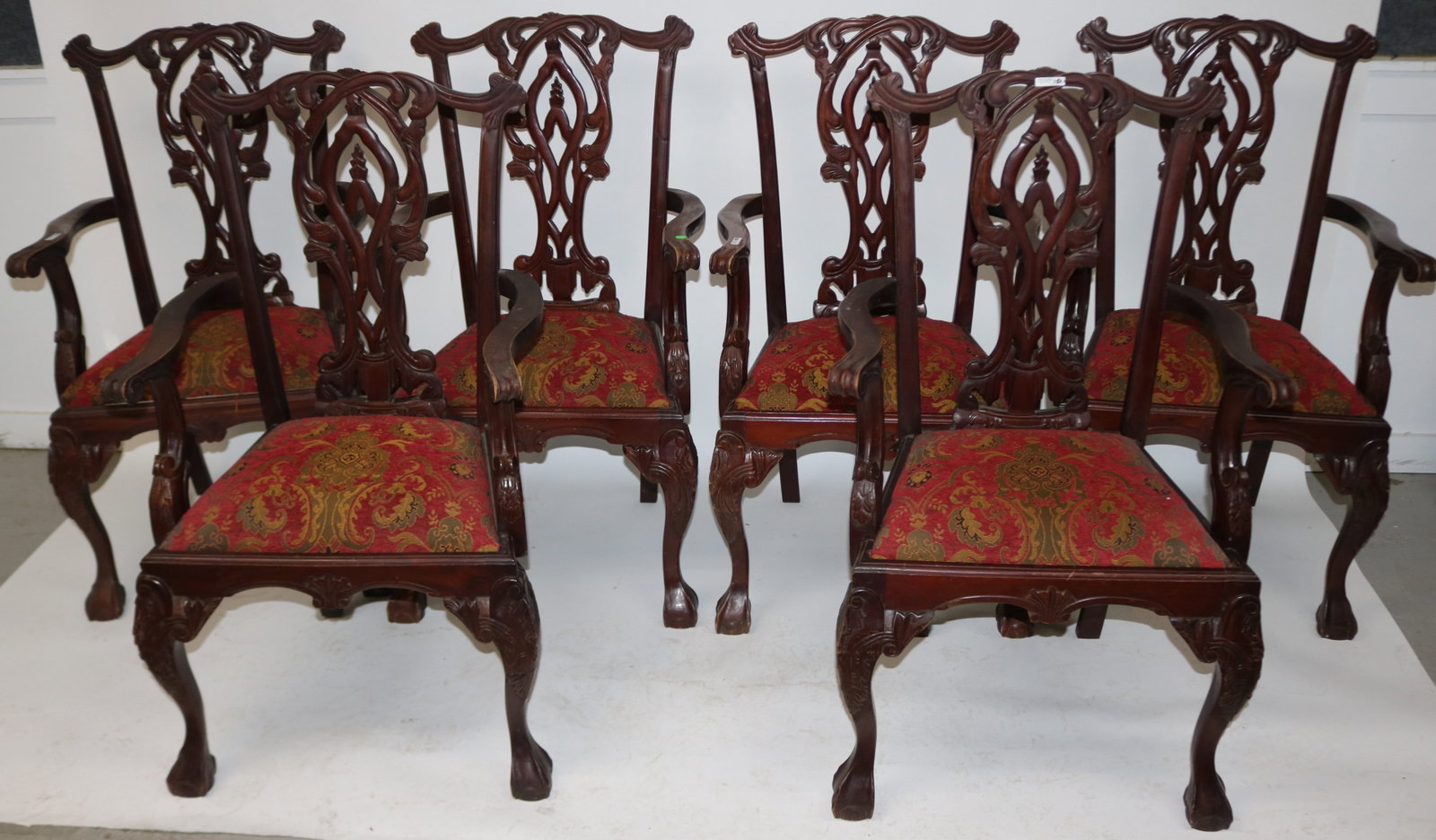SET 6 CONTEMPORARY CARVED MAHOGANY CHIPPENDALE: STYLE ARM CHAIRS, UPHOLSTERED SEATS, 40 1/4" H, 23 1/2" W, 22" D, SEAT HEIGHT 18"