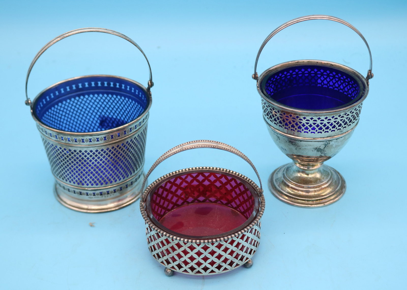 3 STERLING SWING HANDLED BASKETS, 2 WITH COBALT (1 of 1)