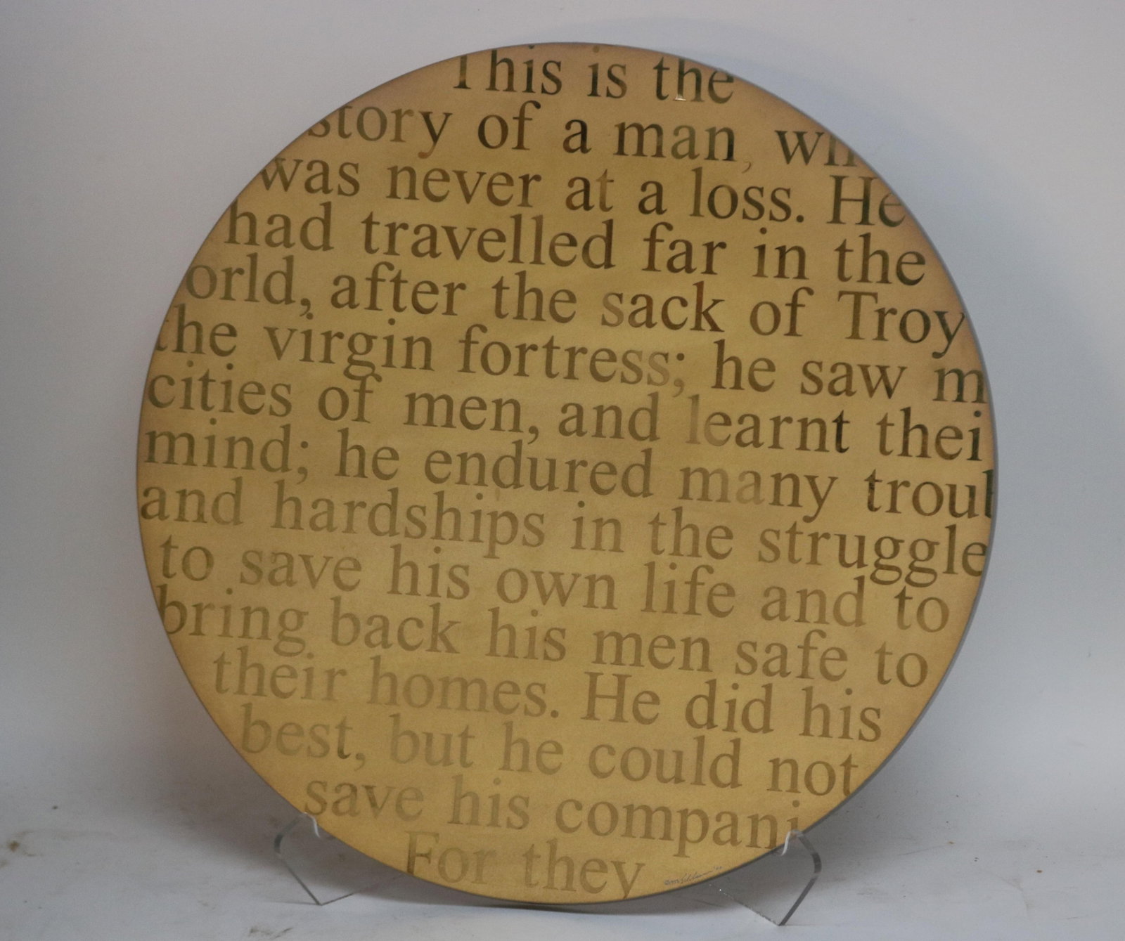 STEPHEN SCHLANSER 20/21ST C. MODERN GLASS PLAQUE: "ODYSSEY" SOLD FOR $550 IN 2000, 21 1/2" DIA., GOLD FINISH, 3/4" THICK, ARTIST SIGNED