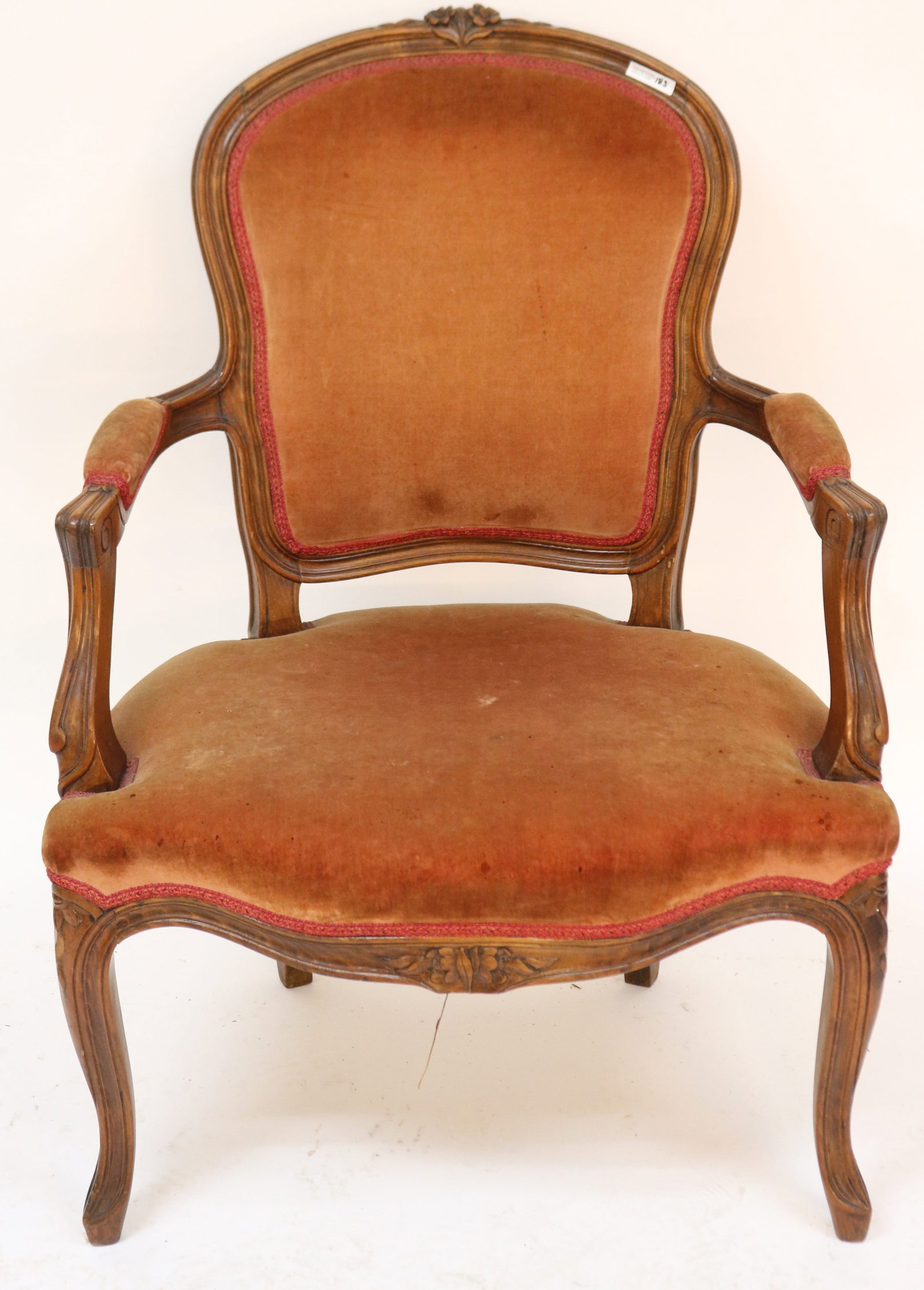 CUSTOM FRENCH STYLE OPEN ARM CHAIR, CARVED CREST (1 of 2)