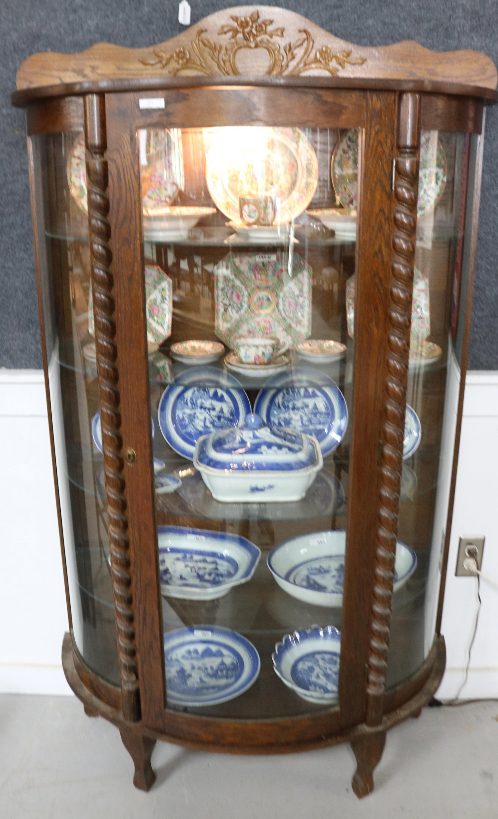 OAK CURVED GLASS CHINA CABINET, REPRODUCTION, (1 of 1)