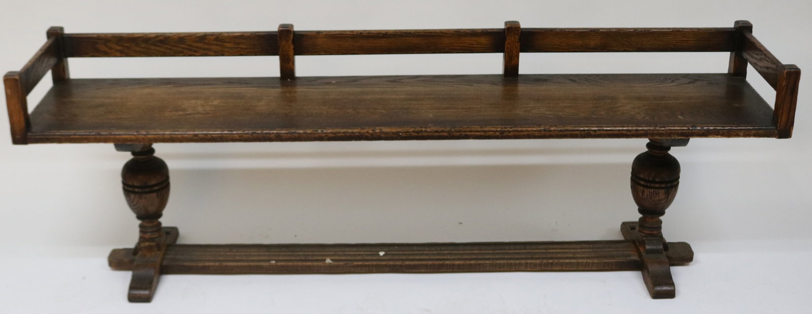 OAK JACOBEAN STYLE BENCH, OLD FINISH, MISSING: SOME TRIM, 24 1/4" H, 72" W, 14" D