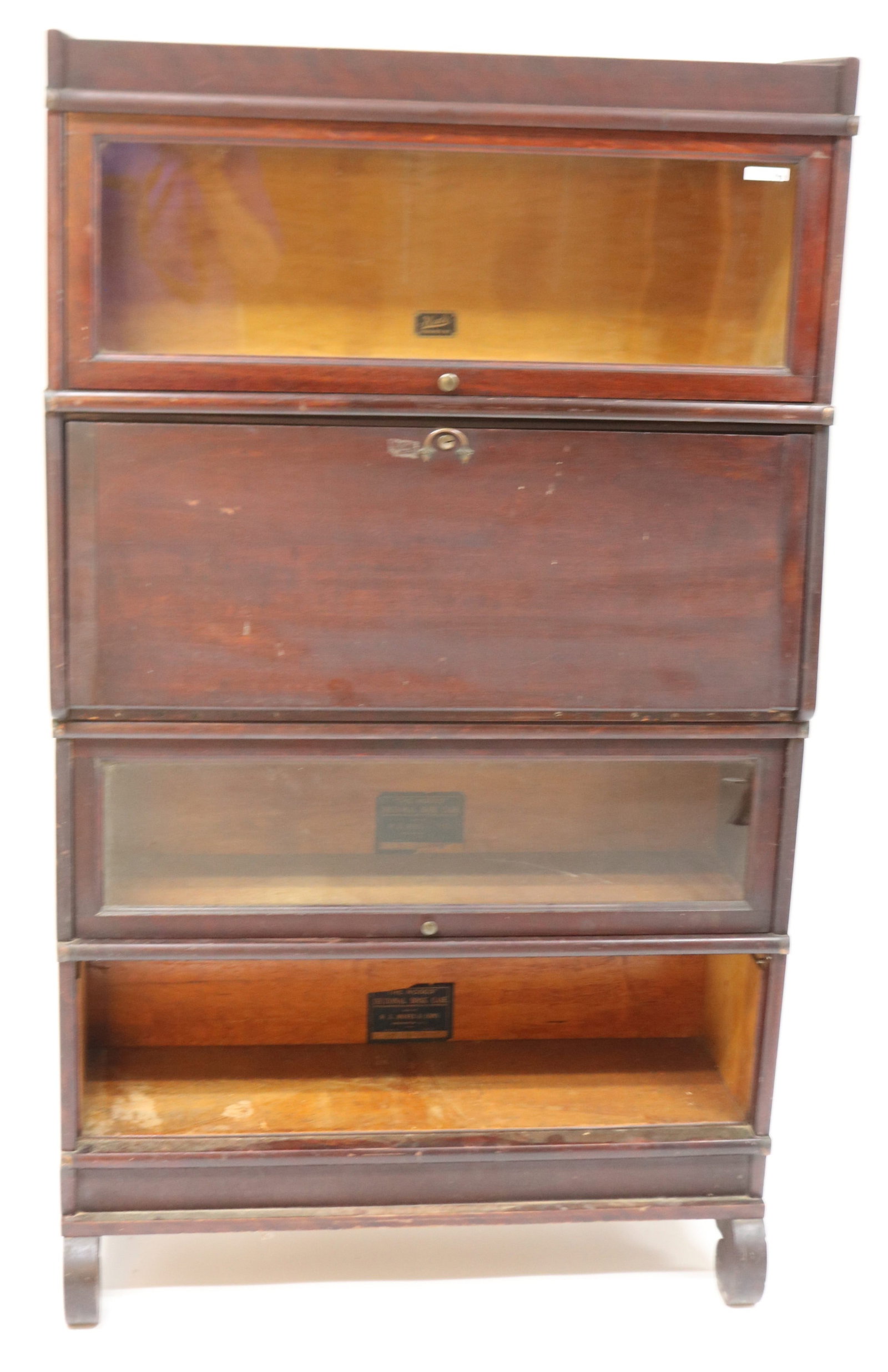MAHOGANY 4 STACK BOOK CASE WITH DESK UNIT,: ASSEMBLED, OLD FINISH, 1 DOOR MISSING, 59" H, 34 1/4" W, 13" D