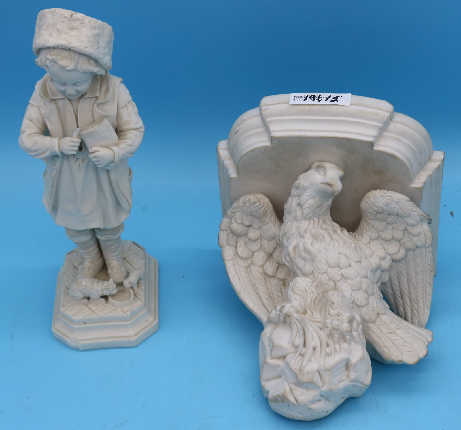 TWO PCS. 19TH C. PARIAN, EAGLE WALL SHELF, 7" H,: 7 1/4" W, 6 1/4" D, AND FIGURE OF GIRL WITH CATS, 10 14/" H