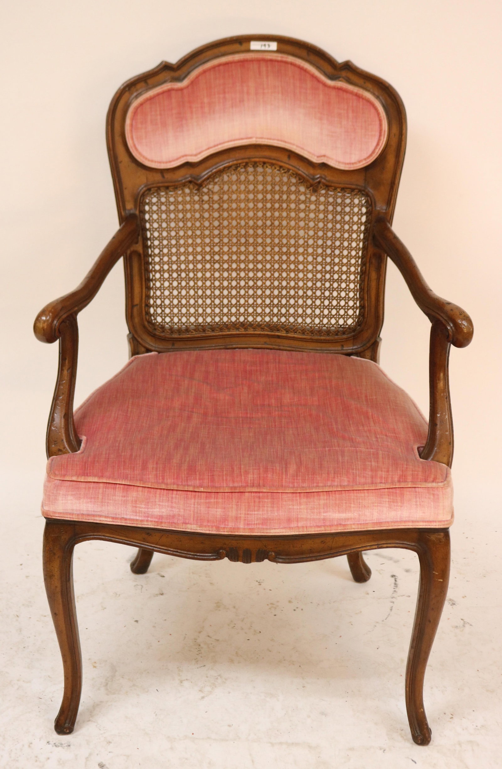 FRENCH OPEN ARM CHAIR, CANED & UPHOLSTERED BACK,: UPHOLSTERED SEAT, FRUIT WOOD CARVED ARMS, 40 1/2" H, 26" W, 22" D, 19" SEAT HEIGHT, GOOD CONDITION