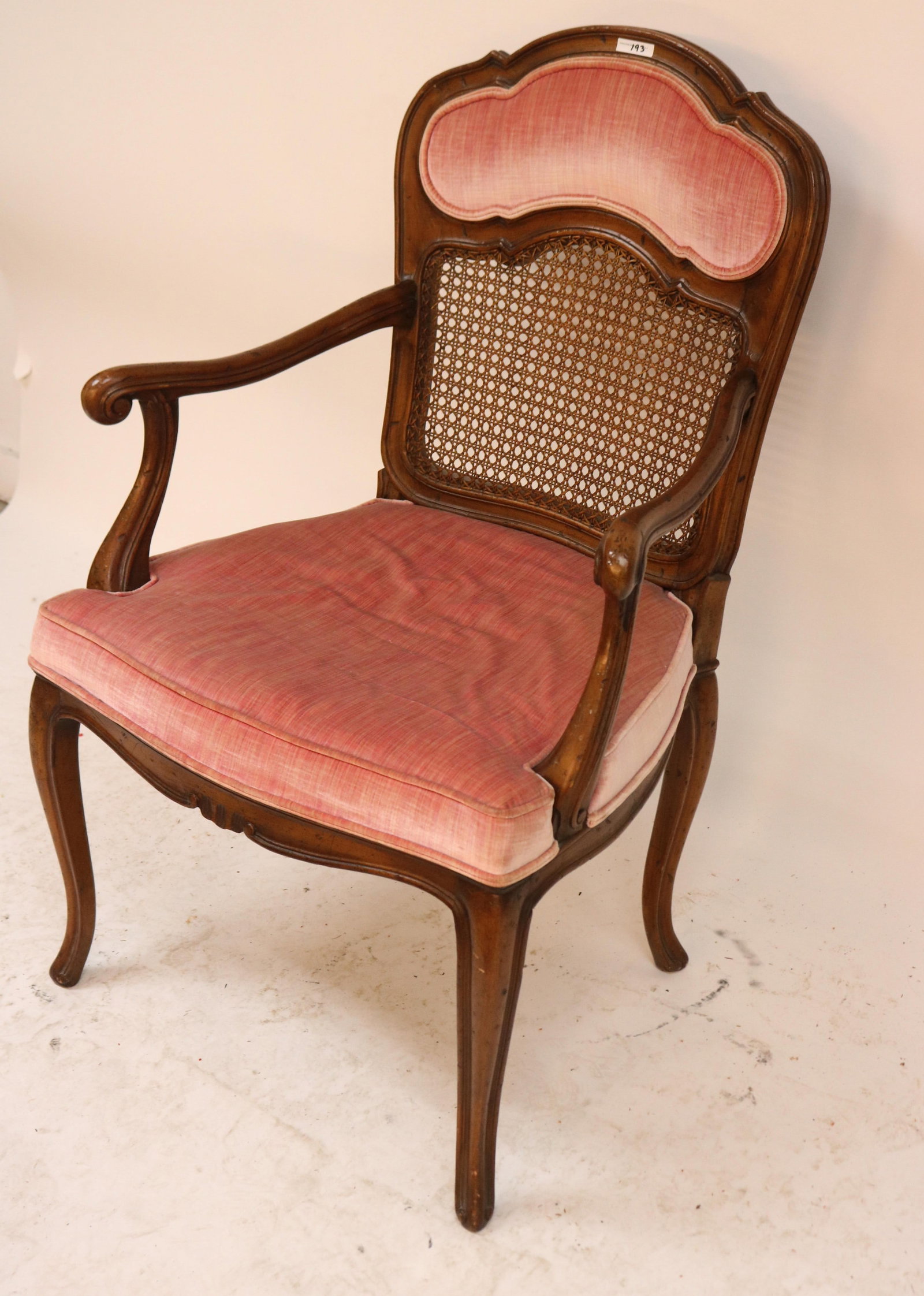 FRENCH OPEN ARM CHAIR, CANED & UPHOLSTERED BACK, - 2