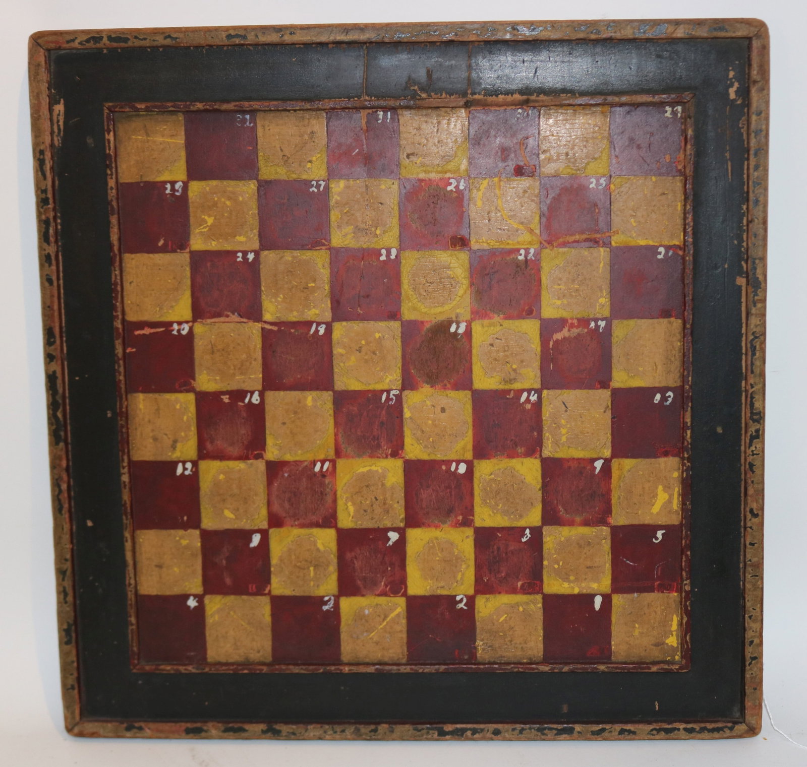 OLD PAINTED WOODEN GAME BOARD, RED, WHITE & BLACK (1 of 2)