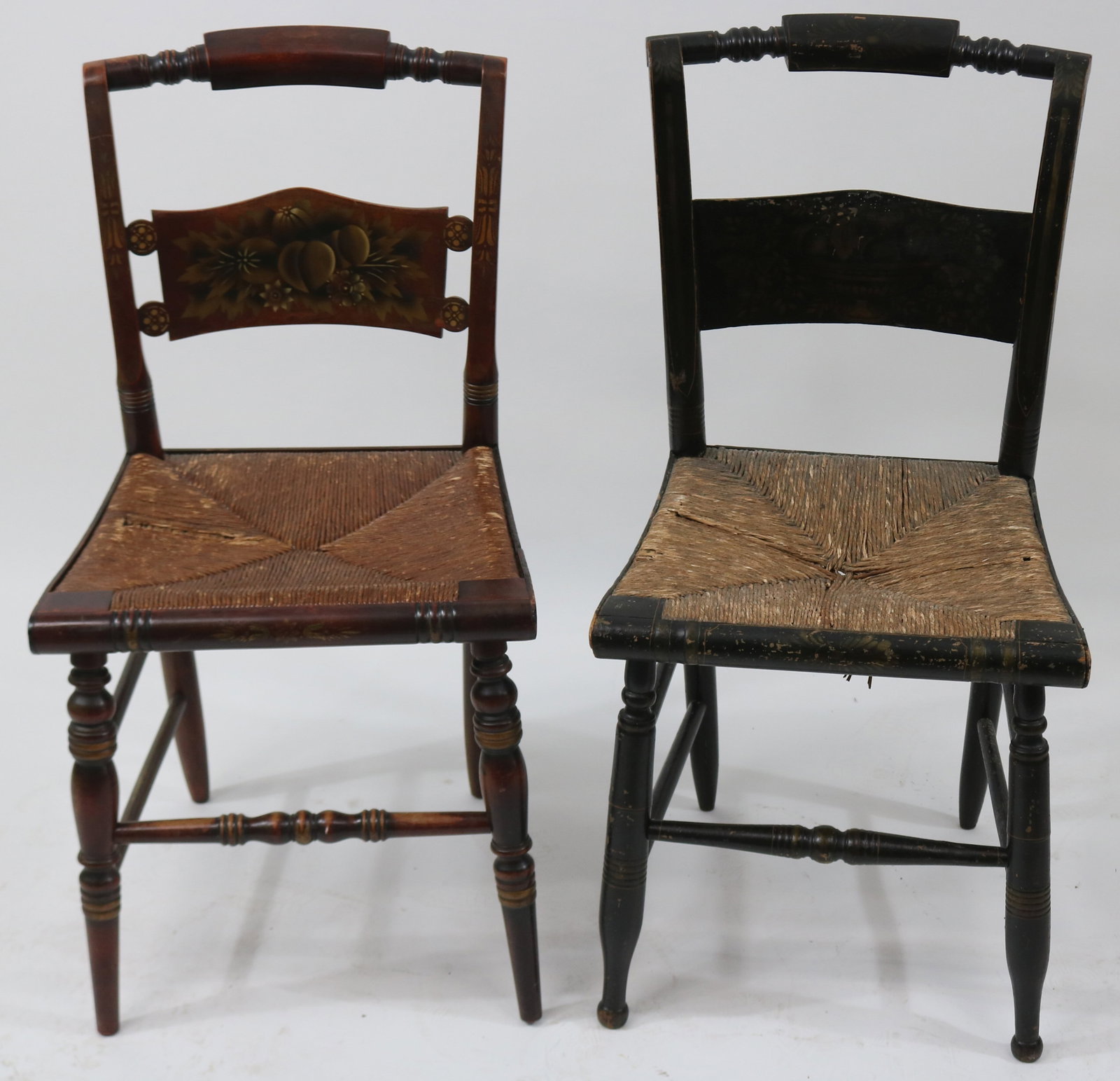 TWO 19TH & 20TH C. PILLOW BACK SIDE CHAIRS,: HITCHCOCK STYLE, PAINTED DECORATION, RUSH SEATS, 34 1/4" & 35" H, 17 3/4" & 17 1/4" W, 15 1/4" & 14 3/4" D, 18" SEAT HEIGHT