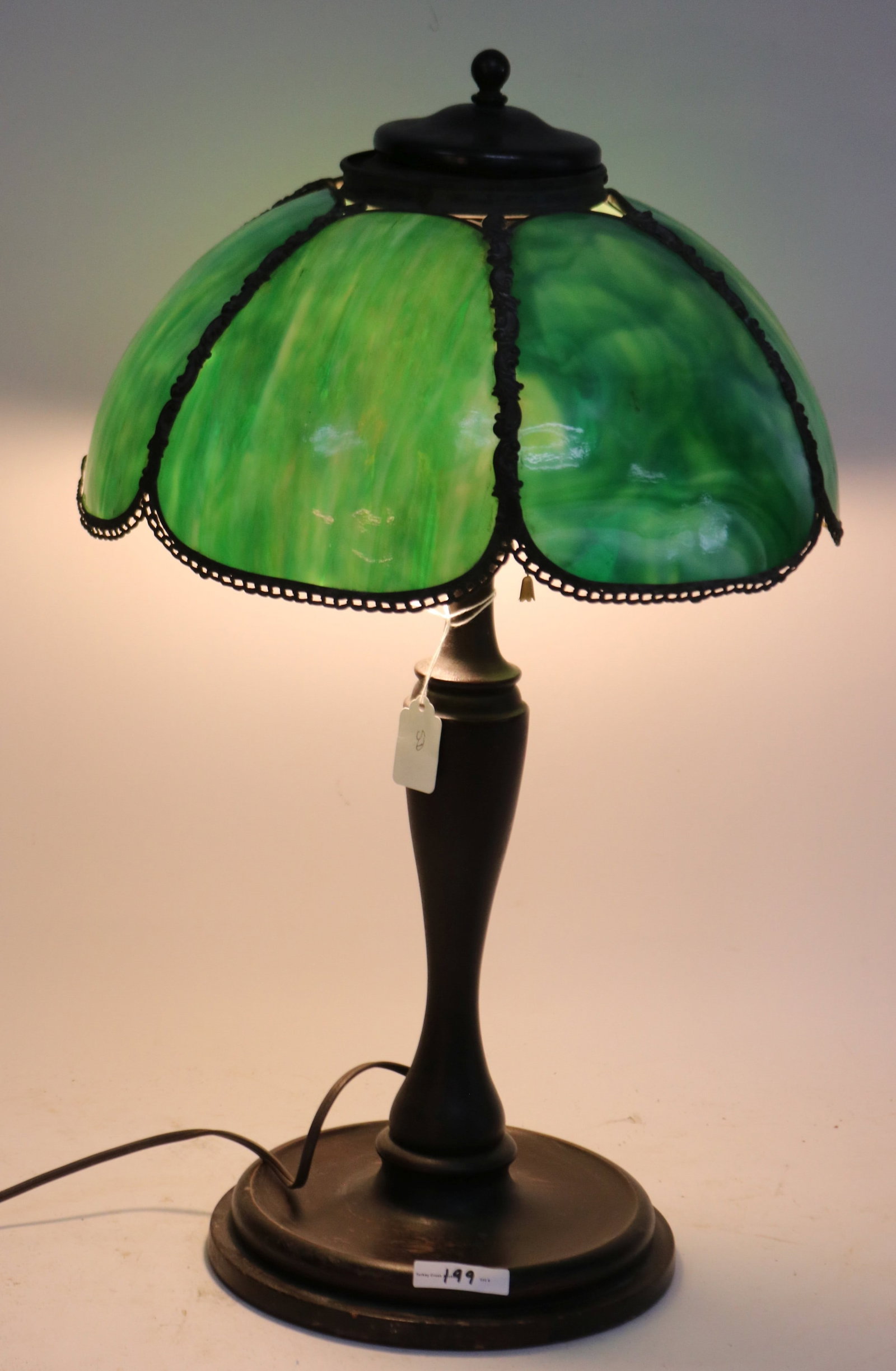 GREEN SLAG GLASS TABLE LAMP WITH TURNED WOODEN: BASE, 23" H, 14" DIA., NO CRACKS