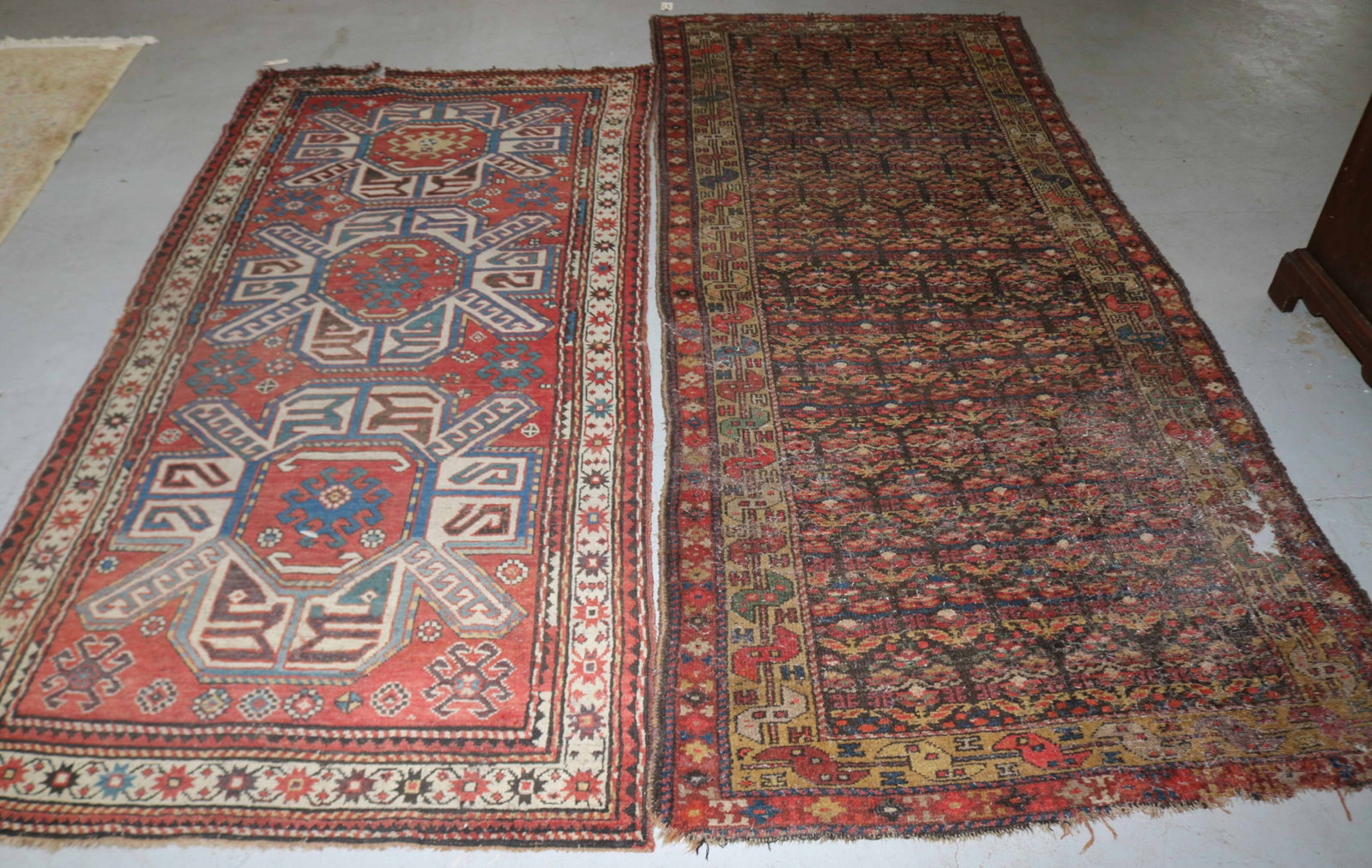 2 ORIENTAL RUGS, KAZAK 3' 9" X 7' 11" & OVERALL: GEOMETRIC DESIGN, 3' 9" X 9', BOTH WIT HOLES & DAMAGE, NEED CLEANING & REPAIR