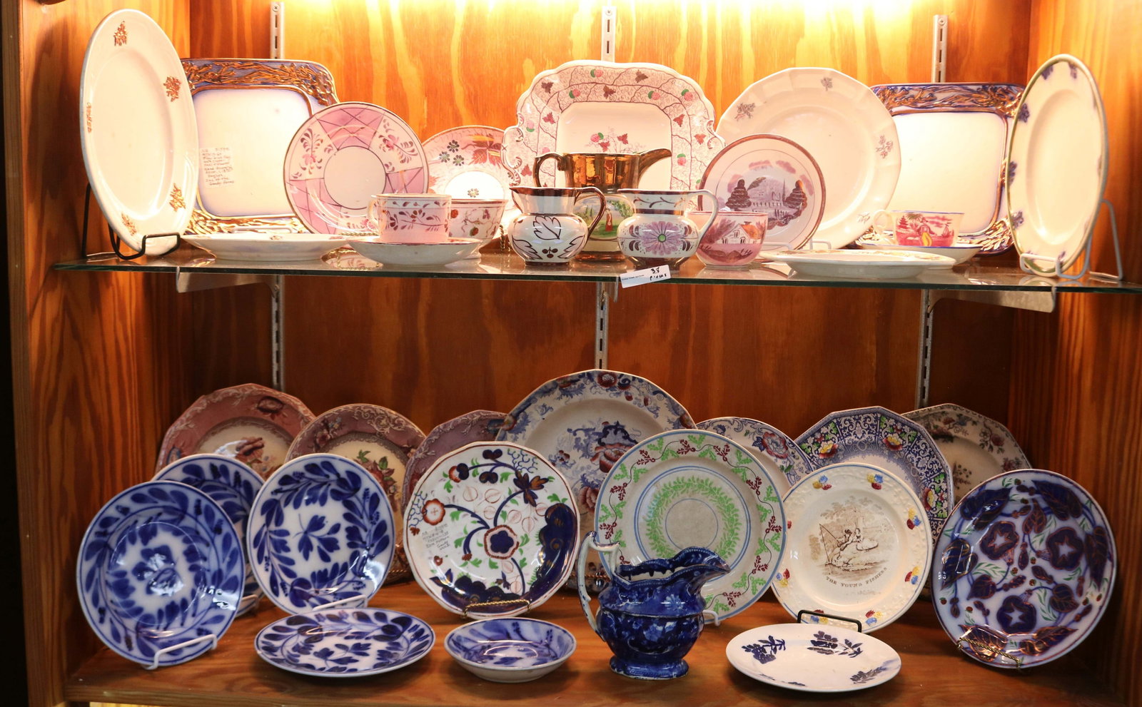 38 PCS. FLO BLUE, PINK LUSTRE, PLATES, TRAYS,: CREAMERS, ETC. VARIOUS PATTERNS, 1/2" - 6" H, 5" - 10" W